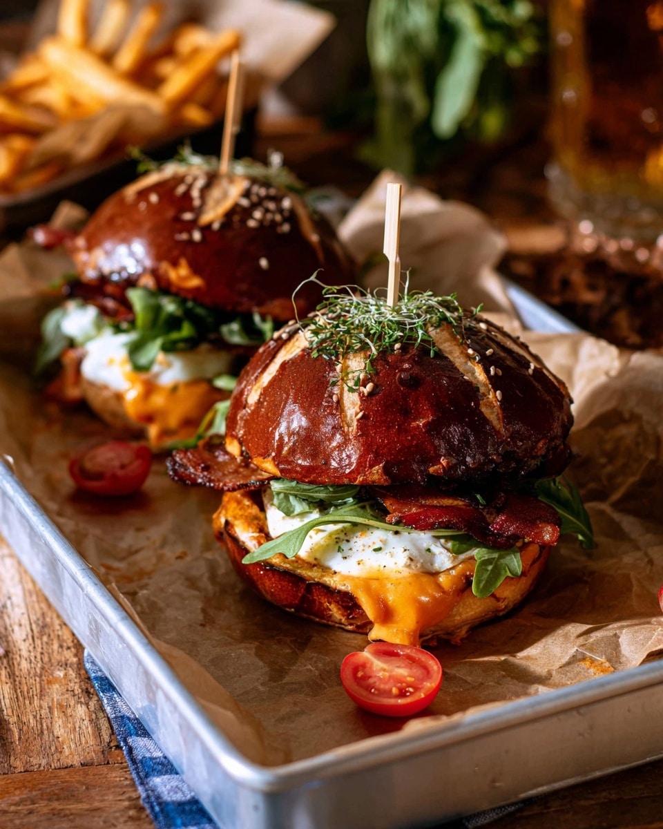 Two gourmet burgers sit on parchment paper in a white tray over a white marbled surface. Each burger has a dark brown shiny bun with visible light scored cuts on top, sprinkled with sesame and herbs, pierced by a wooden skewer. The burgers have layers starting from the bottom with melted orange cheese, a thick white melted layer, green arugula, crispy reddish bacon, and some creamy sauce beneath the top bun. Around the tray are small red cherry tomato halves and a blue and white checked napkin. The background shows rustic wood and some blurred fresh herbs and fries. Photo taken with an iphone --ar 4:5 --v 7