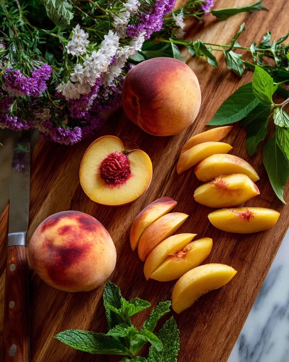 The image shows a wooden cutting board with one whole peach, one peach cut in half showing its reddish center, and several peach slices arranged in a curved line. The peaches have a soft yellow-orange skin with red accents near the pits. There are green leaves and fresh herbs placed around the peaches, along with a small bouquet of purple and white flowers in the top left corner. A knife with a wooden handle is partly visible under the half peach on the board. The background is a white marbled surface. Photo taken with an iphone --ar 4:5 --v 7