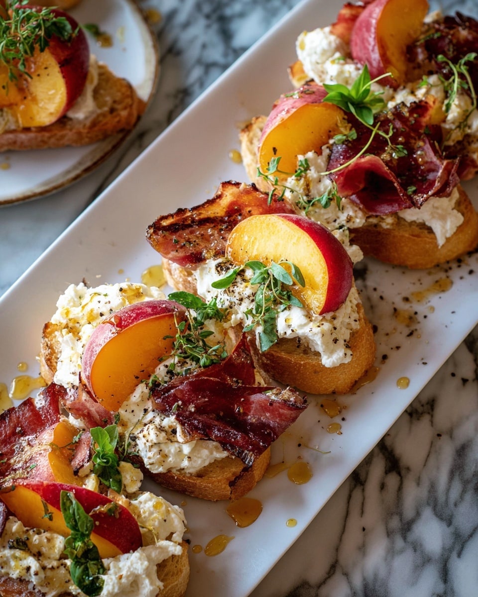 The image shows a white rectangular plate with several pieces of toasted bread as the base layer, each topped with crispy dark brown thin slices of meat. On top of the meat layer, there is a thick white creamy cheese with a soft texture. Slices of fresh peach with bright orange and red skin are placed over the cheese, adding a pop of color. The dish is garnished with green herb sprigs and cracked black pepper. Golden honey drops are scattered on and around the toast, adding shine. The plate is set on a white marbled surface. Photo taken with an iphone --ar 4:5 --v 7