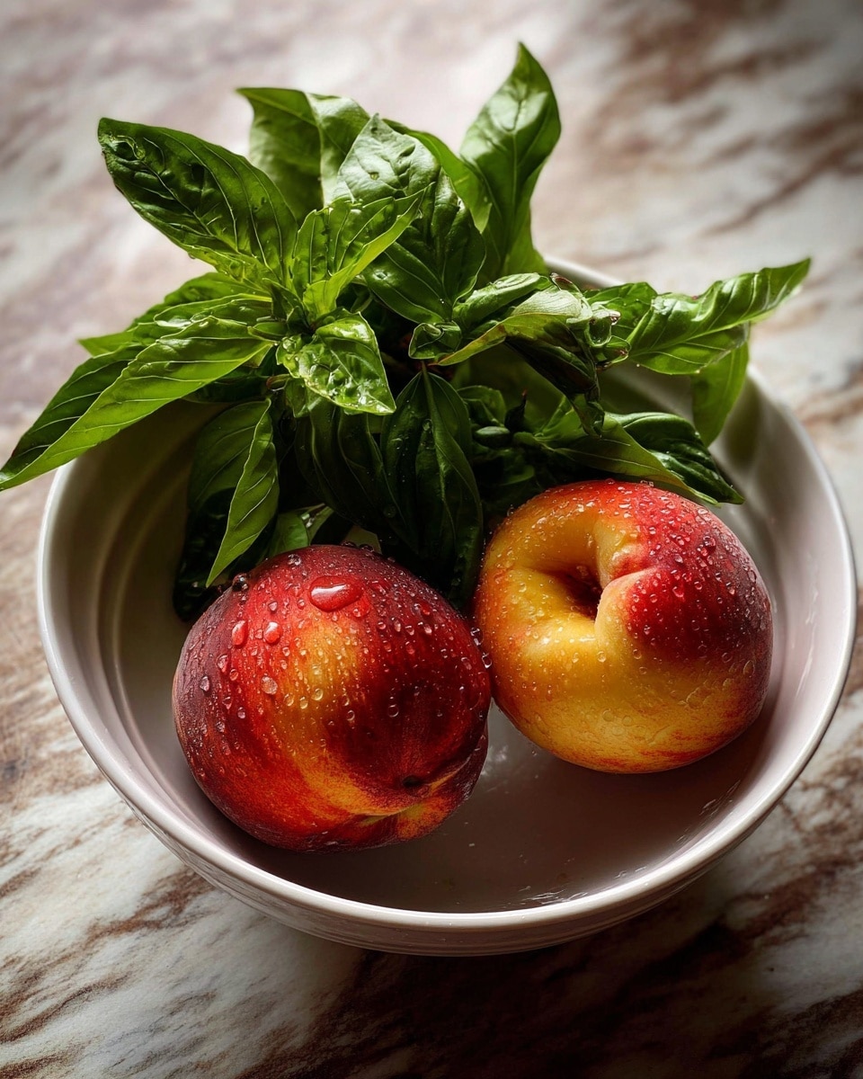 A white bowl holds two peaches with red and yellow shades, each covered with small drops of water, placed next to a bunch of fresh green basil leaves with visible veins and smooth texture, all set on a white marbled surface with soft natural light highlighting the vibrant colors photo taken with an iphone --ar 4:5 --v 7