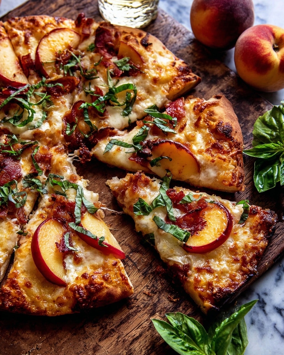 A pizza with one slice slightly pulled out shows a golden brown crust with bubbly melted cheese as the first layer, topped with thin peach slices that are orange-yellow with red edges. There are also crispy thin slices of meat that are reddish-brown, and fresh bright green basil leaves scattered on top. The pizza rests on a rustic wooden surface with a whole peach and a clear glass containing basil leaves nearby. The background is changed to a white marbled texture. Photo taken with an iphone --ar 4:5 --v 7