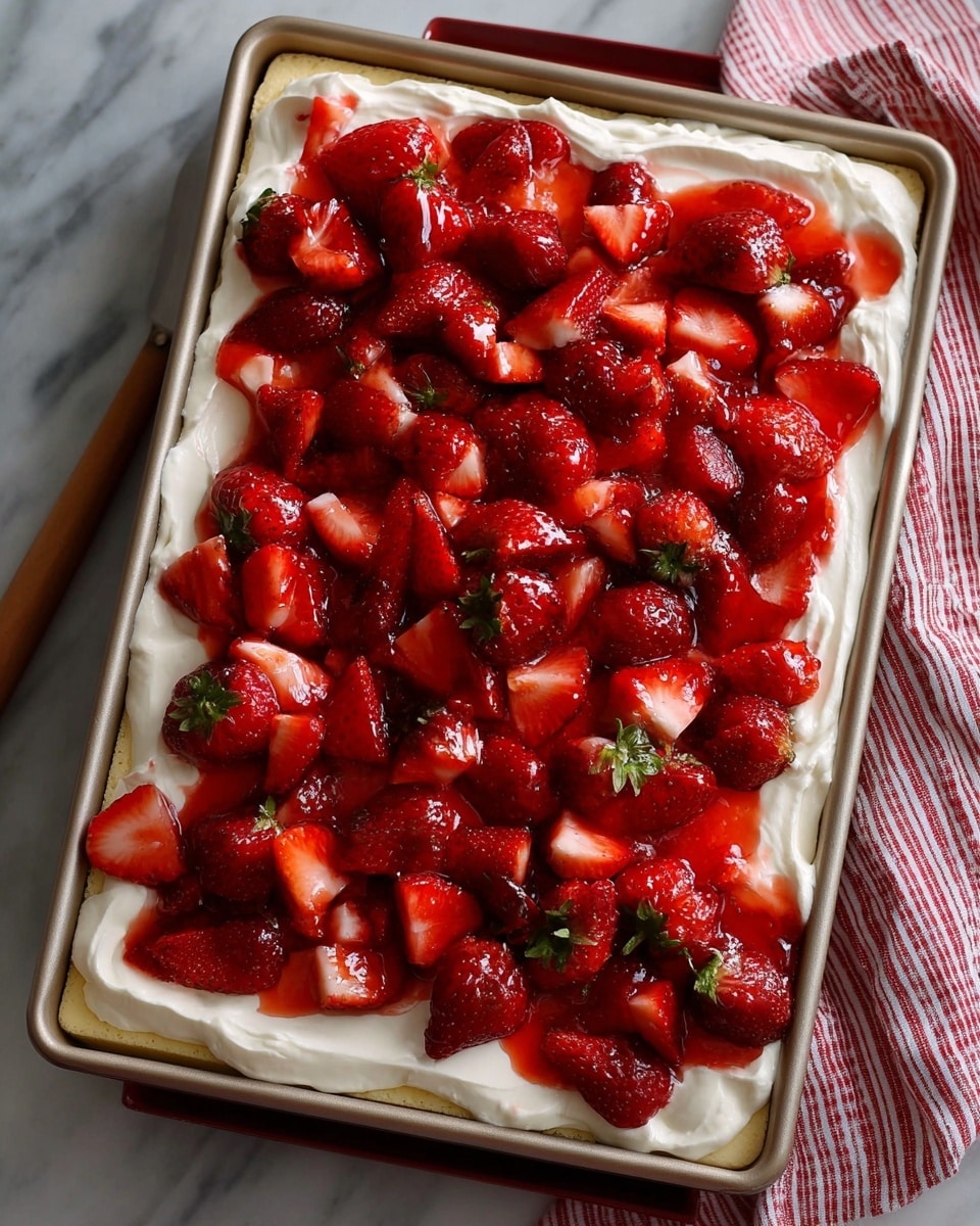 A close-up view of a dessert with three layers: the bottom layer is a light yellow sponge cake with a soft, porous texture; the middle layer is a thick, white creamy frosting with a smooth and slightly fluffy appearance; the top layer is a pile of bright red sliced strawberries, shiny and juicy, with some strawberry juice dripping down slightly onto the frosting and cake. The dessert sits on a white plate, and the background has a white marbled texture. photo taken with an iphone --ar 4:5 --v 7