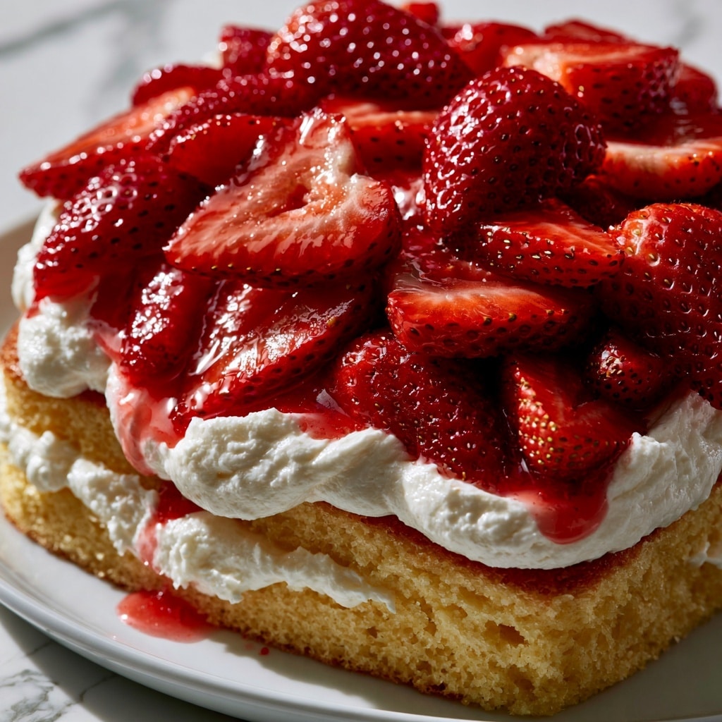 This image shows a three-layer dessert in a rectangular baking pan. The bottom layer is a light tan crust, filling the whole pan evenly. On top of this is a thick, creamy white layer that looks smooth and soft. The top layer is made of fresh, bright red strawberries, some whole, some sliced in halves or pieces, spread closely over the cream. The strawberries have a shiny glaze that makes them look juicy and fresh. The pan is set on a white marbled surface, with a red and white striped cloth partially visible on the right side. Photo taken with an iphone --ar 4:5 --v 7