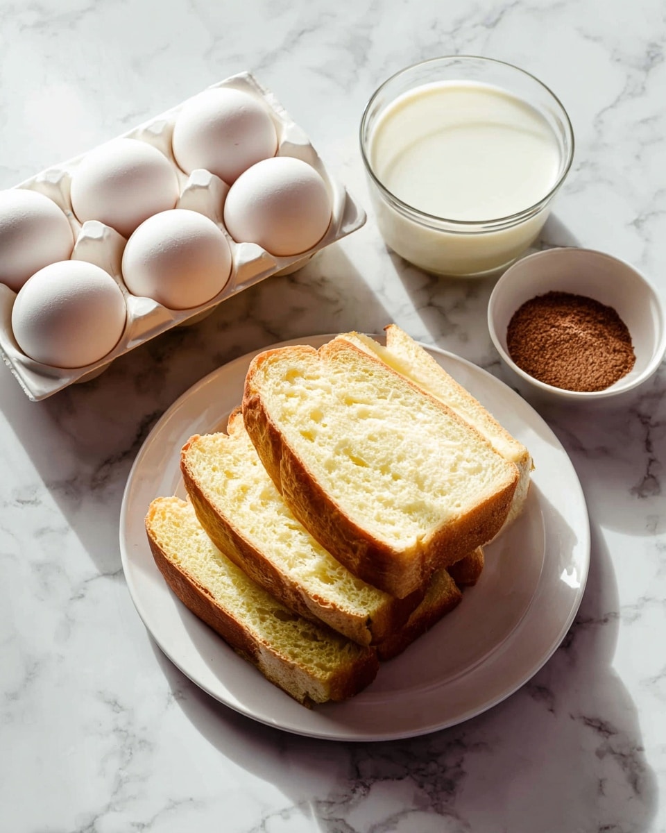 A stack of four thick slices of golden-brown French toast sits on a white plate against a white marbled background. The toast has a textured surface with swirled patterns, showing both light yellow and deeper toasted brown layers. A clear stream of syrup is being poured from above, cascading over the edge and pooling slightly on the top slice, giving a shiny and sticky look. In the softly blurred background, there is a glass of orange juice on the left and a white bowl filled with fresh strawberries on the right. Photo taken with an iphone --ar 4:5 --v 7
