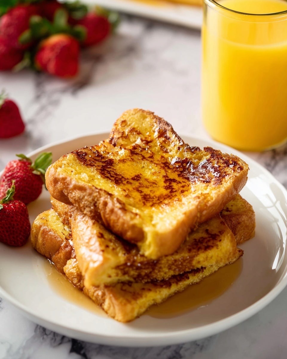 A white plate with three stacked slices of golden French toast, each slice showing a crispy browned edge and soft, moist interior with syrup glistening on top. The plate is set on a white marbled surface, with a few red strawberries with green leaves to the left side, and a jar of orange juice standing behind the plate. The orange juice has a bright yellow-orange color and a smooth texture. Photo taken with an iphone --ar 4:5 --v 7