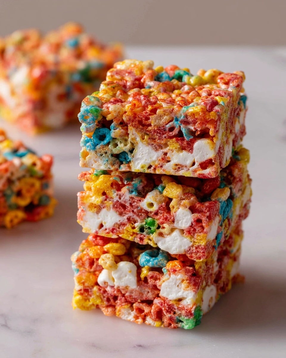 A close-up image shows a stack of three colorful cereal marshmallow treats on a white marbled surface. Each square piece is made from mixed vibrant colors including red, blue, orange, yellow, and green, with white marshmallow bits embedded in the layers. The treats have a sticky, slightly shiny texture where the marshmallows and cereal pieces melt together, giving a soft and chewy appearance. The stack stands evenly, with each layer clearly defined and the edges slightly uneven, showing the mix of cereal pieces tightly packed. In the background, part of another treat is visible, slightly blurred. photo taken with an iphone --ar 4:5 --v 7