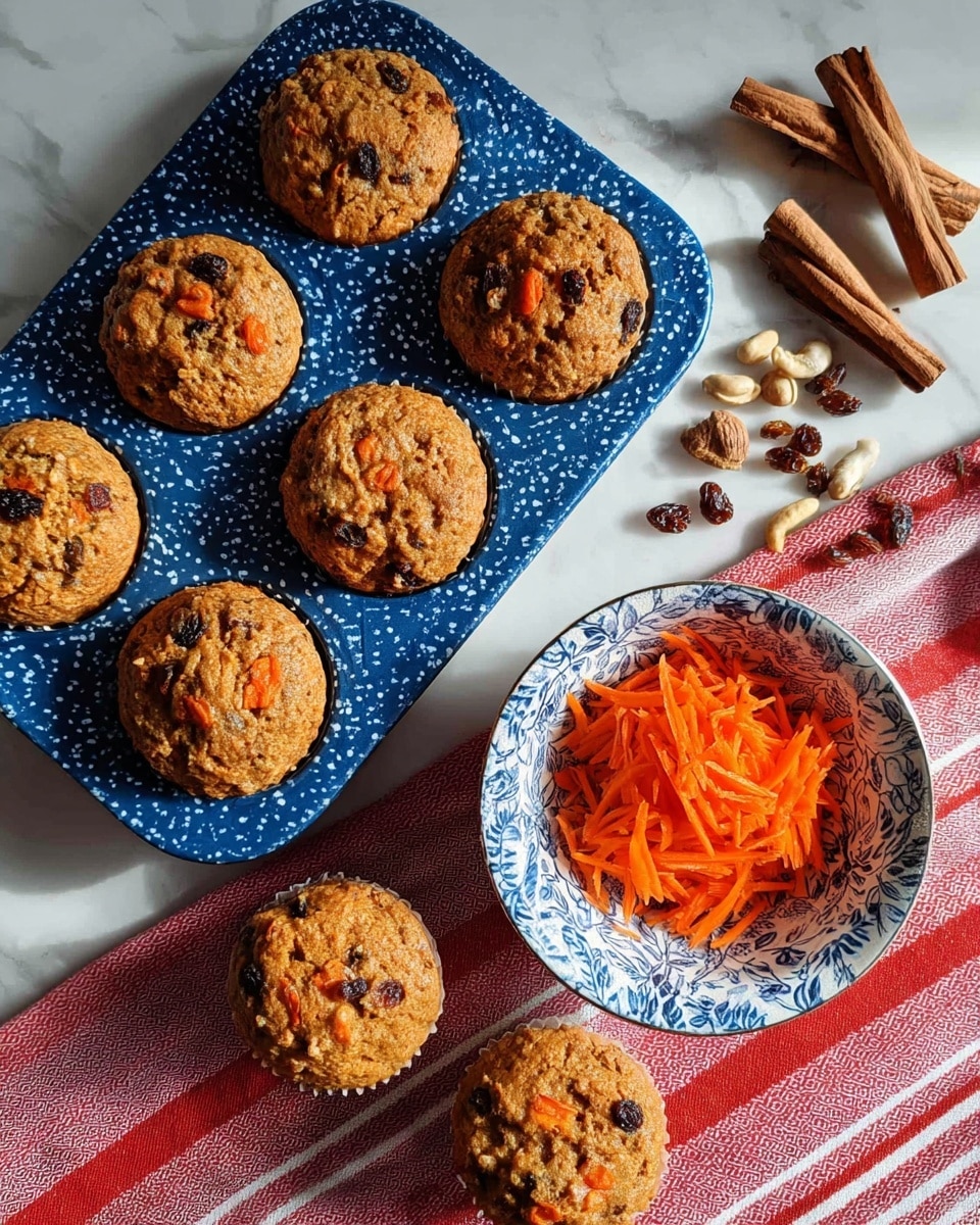 The image shows six carrot muffins in a blue baking tray with a white marbled pattern. The muffins are golden-brown with small pieces of carrot and dark raisins visible on top and within. Next to the tray, there are three muffins placed directly on a white marbled surface, with raisins scattered around them. On the right side, there is a white bowl with blue patterns filled with shredded fresh carrot and one whole carrot, and three cinnamon sticks and some nuts are placed nearby. The tray rests on a red and white striped cloth. The scene is bright and clean, with the focus on the texture and color of the muffins and fresh ingredients. photo taken with an iphone --ar 4:5 --v 7