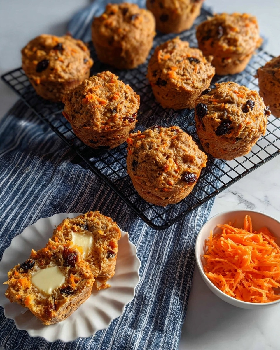 The image shows nine muffins with a rough, textured surface, showing bits of orange carrot and dark raisins inside, placed on a black cooling rack over a blue and white striped cloth on a white marbled surface. In the bottom left corner, a white scalloped plate holds one muffin sliced in half, revealing a moist and crumbly inside with raisins and carrot bits, spread with melted butter on one half. At the top right on the cooling rack, there is a small white bowl filled with shredded orange carrots. Photo taken with an iphone --ar 4:5 --v 7
