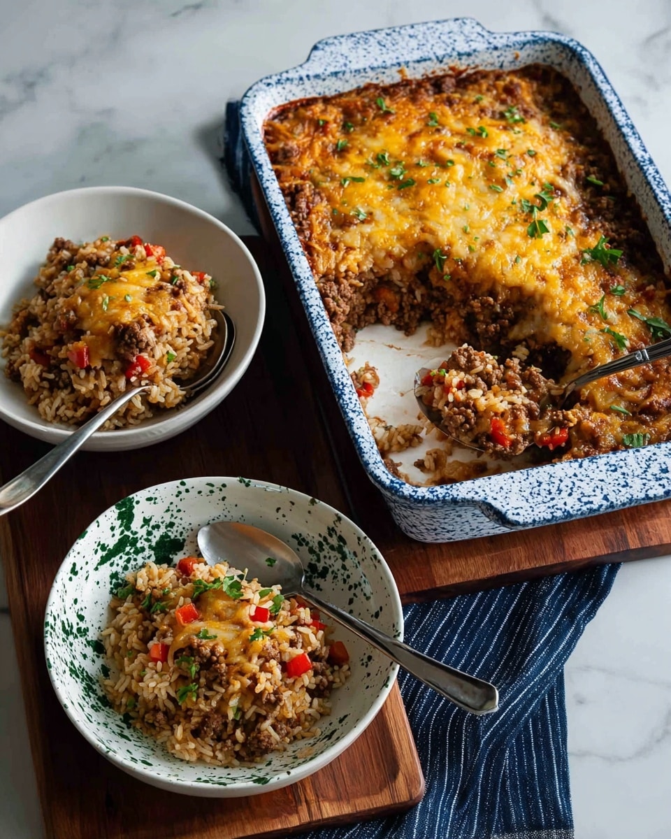 A white plate holds a serving of a layered dish with a mix of yellow-orange rice, small chunks of brown cooked meat, and bits of red and orange vegetables, with a slightly moist texture. Behind it, a portion of the same mixture is in a bowl with a green and white speckled pattern, where a spoon is standing inside. To the left, a blue and white speckled baking dish contains a larger portion of the dish that has a browned, bubbly top layer with some areas of deeper golden color. All items are placed on a wooden board over a white marbled surface. Photo taken with an iphone --ar 4:5 --v 7