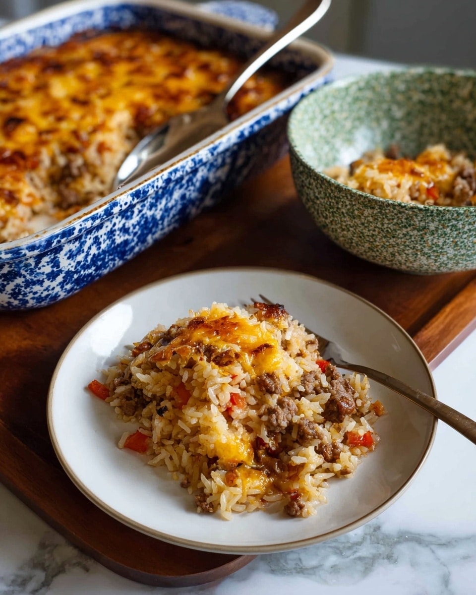 A close-up view of a rectangular casserole dish with blue speckles filled with a layered rice dish. The top layer is a melted golden-yellow cheese with some browned spots, covering a mixture that includes cooked ground meat and small bits of diced red and orange vegetables. A portion of the dish has been scooped out from the bottom left corner, revealing a thick layer of fluffy, light brown rice mixed with meat and vegetables underneath the cheese. A silver fork rests inside the empty space in the dish. The dish sits on a wooden board, placed on a white marbled surface. Photo taken with an iphone --ar 4:5 --v 7