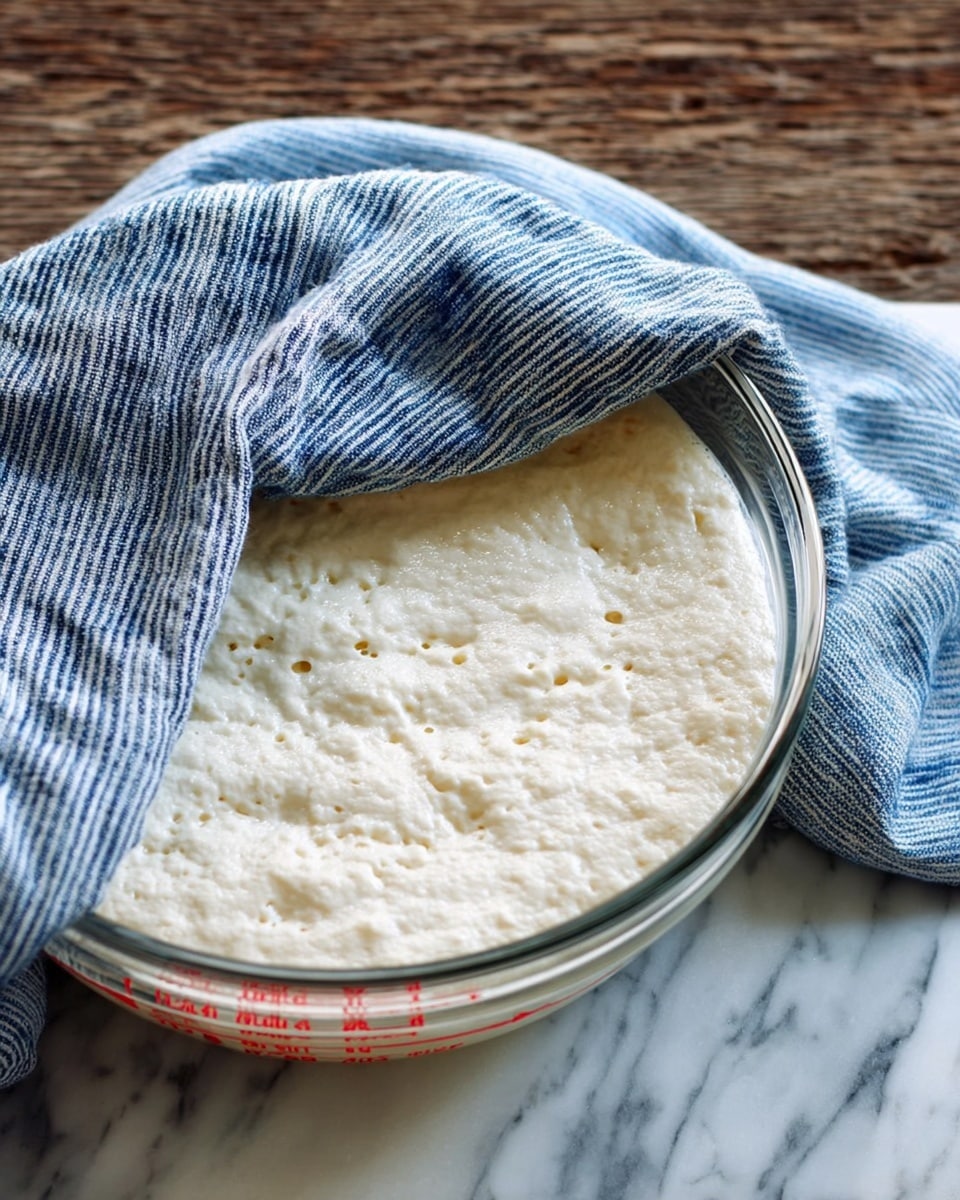 A clear glass bowl filled with a thick, bubbly dough rising inside, covered partially by a blue and white striped cloth, sitting on a white marbled surface. The dough looks soft and creamy with small air bubbles on top, filling the bowl almost to the edge, with visible red measuring marks on the bowl's side. Photo taken with an iphone --ar 4:5 --v 7