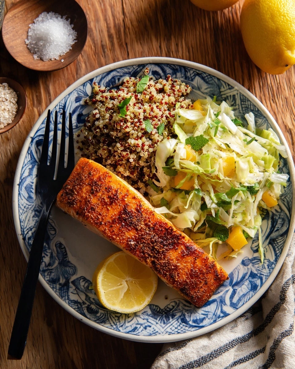 A white plate with blue patterns holds three main layers: on the right, a thick, cooked piece of salmon with a golden brown, seasoned top surface; on the left bottom, a mix of shredded light green cabbage and yellow squash bits with some herbs mixed in; and on the left top, a small pile of cooked quinoa with a mix of white and reddish grains. A black fork rests on the plate at the left side, and a slice of lemon is placed near the salmon. The plate is set on a wooden surface with a small bowl of salt and a whole lemon at the top left corner, and a striped cloth napkin is partially visible at the bottom right. Photo taken with an iphone --ar 4:5 --v 7