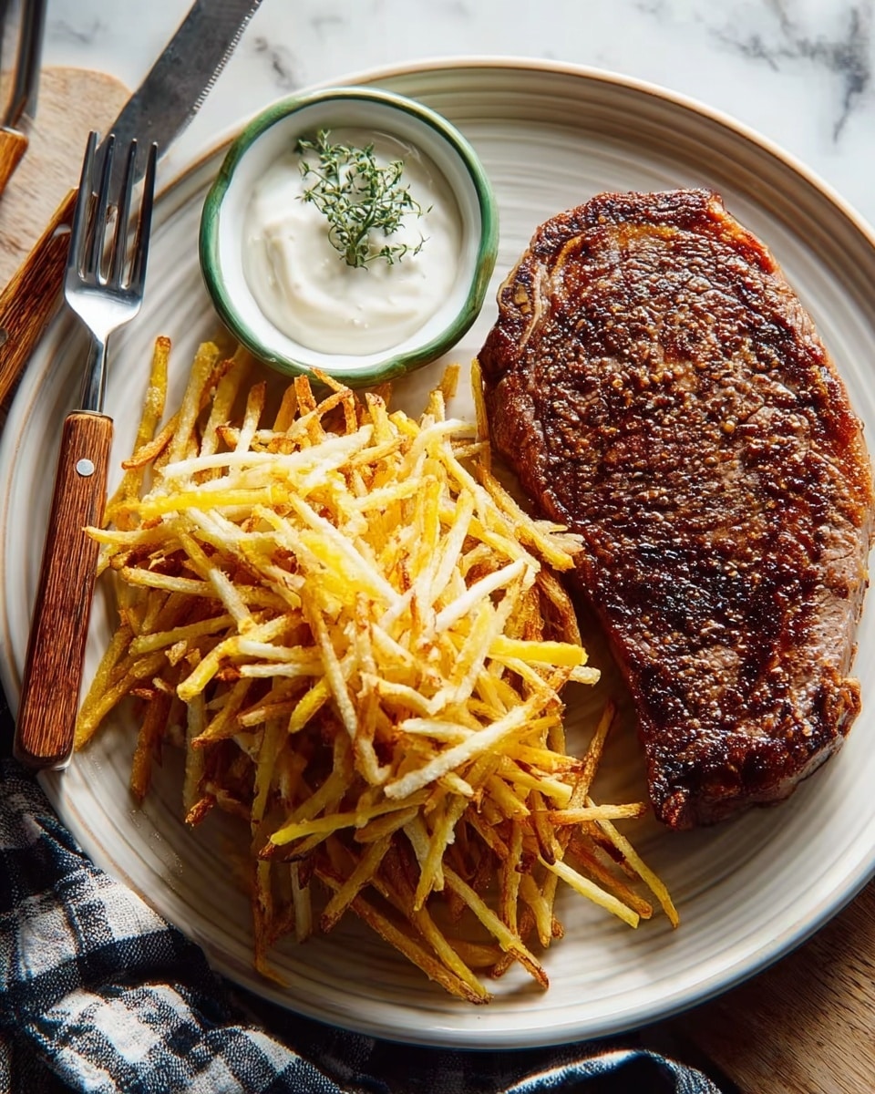 A large raw steak with a mix of pink and red meat and white fat marbling is placed in the center of a gray oval plate. The steak shows clear texture with visible muscle fibers and fat edges. Below the plate is a white cloth with black stripes and frayed edges. To the left, there are two small white bowls, one filled with coarse salt and the other with crushed black pepper. The scene is set on a white marbled surface. photo taken with an iphone --ar 4:5 --v 7