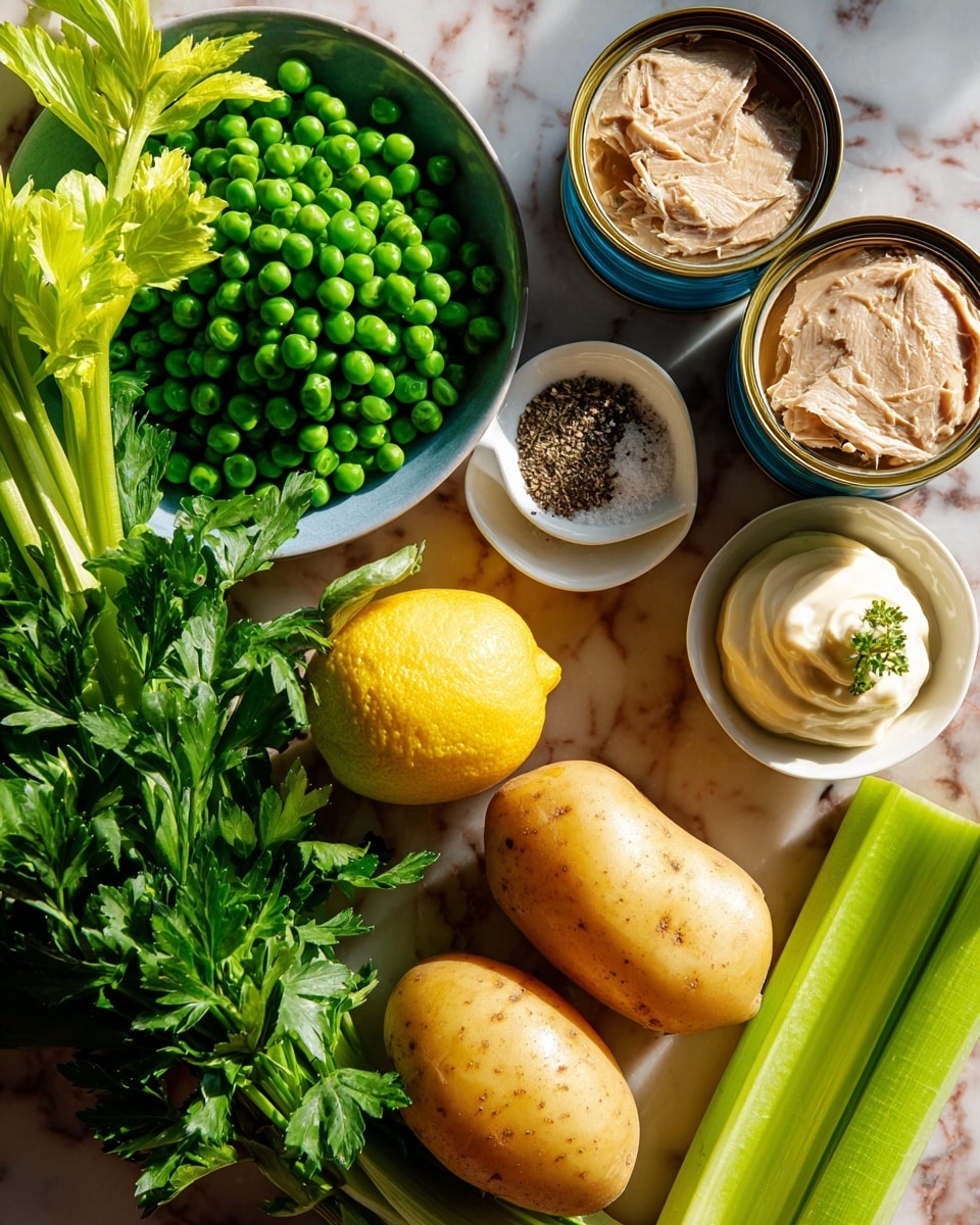 The image shows fresh ingredients arranged on a white marbled surface. There are three yellow potatoes at the bottom center, next to a half lemon with bright yellow skin and inside. Above the potatoes is a bunch of fresh green parsley with delicate leafy texture. To the left side, a white bowl is filled with fresh green peas, and above it, two small white bowls hold salt and black pepper. At the top right, there are two open cans of light tan tuna with a rough texture inside, and a bowl of creamy white mayonnaise next to them. On the left, there are bright green celery stalks with leafy tops. The composition is colorful and fresh, cleanly arranged with natural light. Photo taken with an iphone --ar 4:5 --v 7
