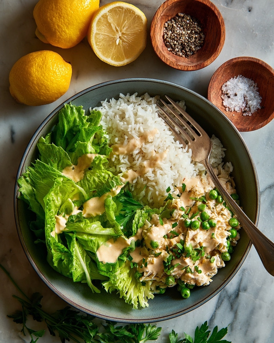 A round white bowl holds three layers of food neatly arranged from left to right. On the left, there is fresh green lettuce with a smooth light beige dressing drizzled on top. In the middle, there is a pile of white steamed rice with a soft and fluffy texture. On the right, there is a creamy mixture made with light beige pieces, green peas, celery, and small bits of herbs spread evenly. A silver fork rests on the rice on the upper left side of the bowl. The bowl is placed on a white marbled surface with two small wooden bowls filled with salt and black pepper above it, and two whole lemons and half a lemon with green parsley partially visible around the bottom. Photo taken with an iphone --ar 4:5 --v 7