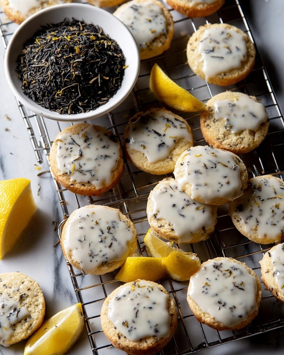 The image shows a cooling rack with 30 round cookies evenly spread out. Each cookie has a pale color with dark specks inside, indicating the presence of small herbs or tea leaves. About half of the cookies have a smooth white glaze on top, creating a shiny, slightly translucent layer. Four lemon wedges with bright yellow skin and juicy interior are placed among the cookies, adding color contrast. A white bowl filled with loose black tea leaves is placed near the top left corner of the rack. The rack sits on a white marbled surface that has subtle grey veins, creating a clean and fresh look. photo taken with an iphone --ar 4:5 --v 7