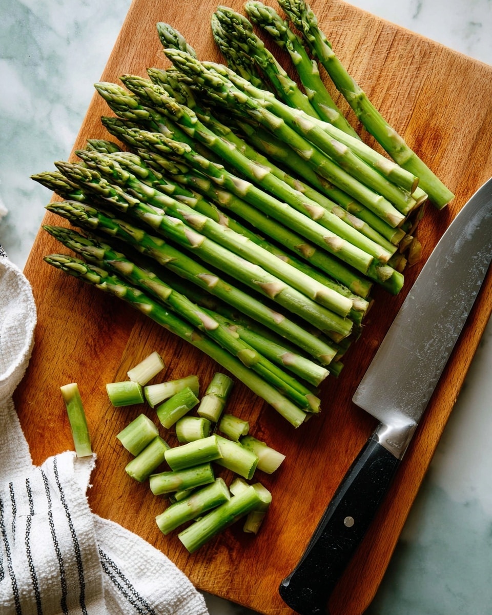 A wooden cutting board holds a bunch of fresh green asparagus spears lined up on the left side, with their tips pointed upwards. Below them, there is a row of trimmed, shorter asparagus pieces showing a light green interior with some slight white patches. To the right side of the board lies a large stainless steel kitchen knife with a black handle. In the bottom left corner, a woman's hand wearing a white and black striped cloth is partially visible. The board rests on a white marbled surface with a soft light highlighting the freshness of the asparagus. photo taken with an iphone --ar 4:5 --v 7