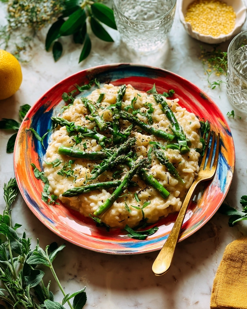 A brightly colored plate with orange, red, yellow, and blue swirls holds a creamy risotto dish topped with green asparagus pieces scattered across the top and mixed in, garnished with fresh green herbs and a sprinkle of black pepper. A gold fork rests on the right edge of the plate, and the plate is placed on a white marbled textured surface. Around the plate, fresh green herbs, a yellow lemon, a white bowl with yellow grains, and a clear glass with water complete the scene. photo taken with an iphone --ar 4:5 --v 7