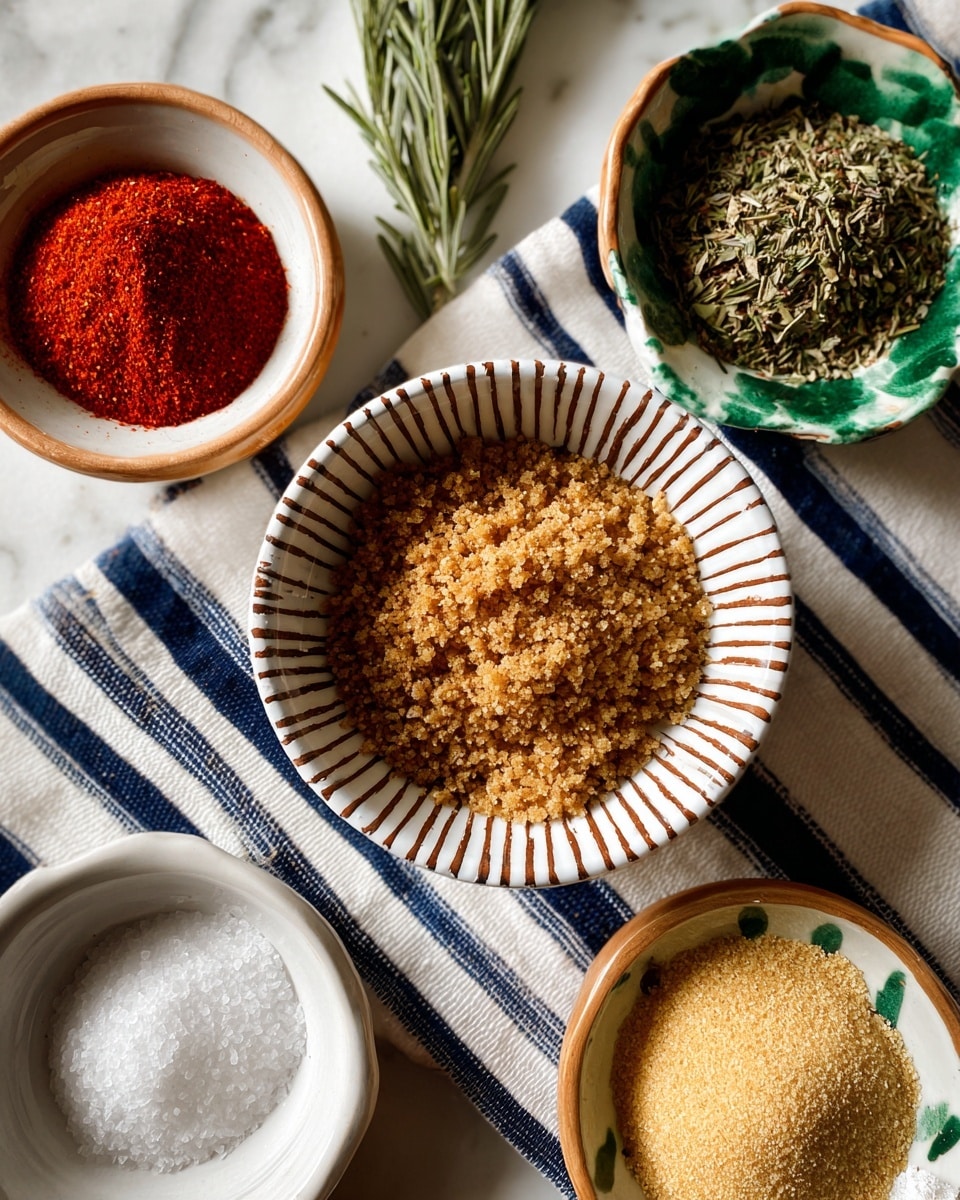 A round ceramic bowl with an orange-brown rim is filled with a coarse, reddish-orange spice mix that has visible small flakes of herbs and salt. Inside the bowl, a white ceramic spoon rests on top of the spice, partially scooping some of it. The bowl is placed on a white cloth with dark blue vertical stripes. The photo taken with an iphone --ar 4:5 --v 7