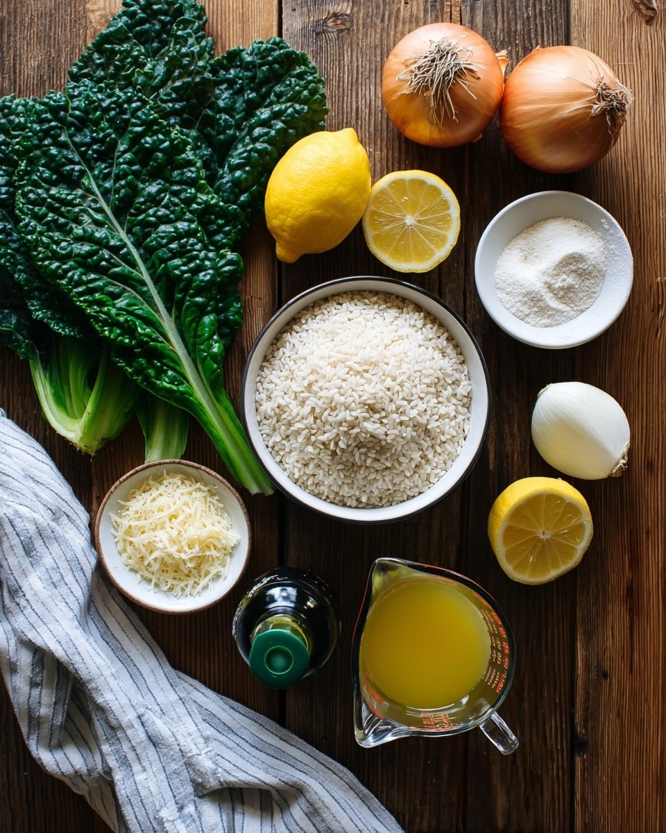 The image shows a top view of various cooking ingredients arranged neatly on a rough wooden surface. In the center, there is a white bowl filled with raw, short-grain white rice. To the left, bright dark green leaves of Swiss chard lie flat. Above the bowl are cloves of garlic in off-white, a whole yellow lemon, and a lemon cut in half showing its juicy yellow inside. To the right is a whole brown onion and a white bowl filled with fine white salt. Below the rice bowl is a small white bowl of grated pale yellow cheese, a bottle of dark olive oil with a green neck, and a clear measuring cup filled with yellow broth. A striped white and blue cloth is seen at the lower left corner. The image is clear and well-lit with natural light, emphasizing the fresh colors and textures. photo taken with an iphone --ar 4:5 --v 7