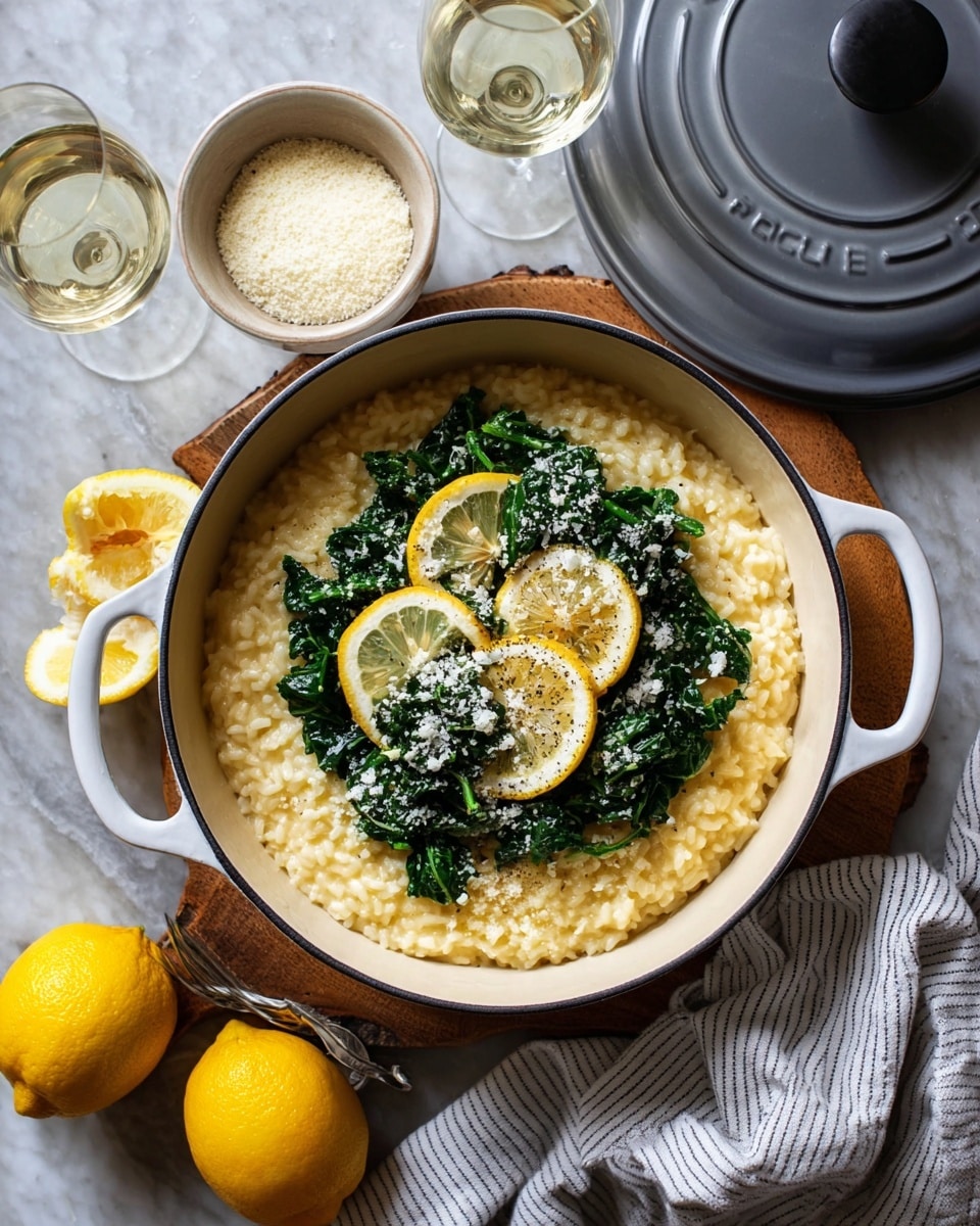 A round white pot filled with creamy pale yellow risotto as the bottom layer, topped in the center with dark green cooked leafy greens and thin lemon slices scattered on top, sprinkled with small white cheese granules and black pepper. Around the pot, there is a white bowl with more cheese granules, two whole lemons (one cut in half showing the bright yellow inside), a glass of white wine, a grey pot lid, and a striped white cloth on a white marbled texture surface. photo taken with an iphone --ar 4:5 --v 7