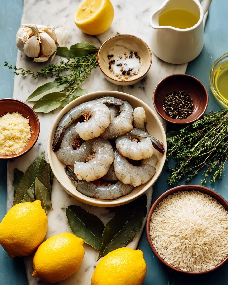 A white bowl filled with raw grey shrimp forming the main layer, surrounded by small white bowls filled with various ingredients: one has whole garlic cloves on top of a brown bowl, another has black peppercorns, another contains pale yellow grated cheese, and a larger brown bowl has uncooked white rice grains. There are also fresh green herbs, such as thyme and bay leaves, scattered around the setup. Whole bright yellow lemons add pops of color on the white marbled surface, along with a white pitcher of light yellow liquid and a white oil bottle. photo taken with an iphone --ar 4:5 --v 7