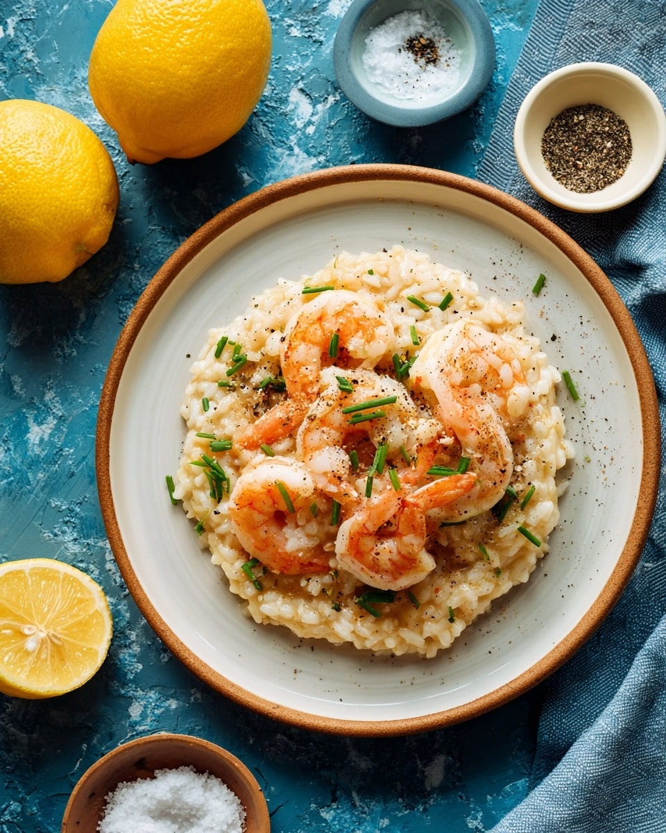 The dish is a creamy shrimp risotto served in a white speckled bowl. The base layer is soft, light beige risotto rice with a smooth, slightly shiny texture, spread evenly across the bowl. On top, there are several plump, orange-pink shrimp arranged in a circle around the center, each displaying a slightly curved shape with a firm but tender look. The shrimp have a subtle sheen, indicating they are cooked and slightly glazed. Green chopped herbs are sprinkled evenly across the shrimp and risotto, adding a fresh burst of color. The bowl is placed on a white marbled surface, enhancing the natural tones of the food. Photo taken with an iphone --ar 4:5 --v 7