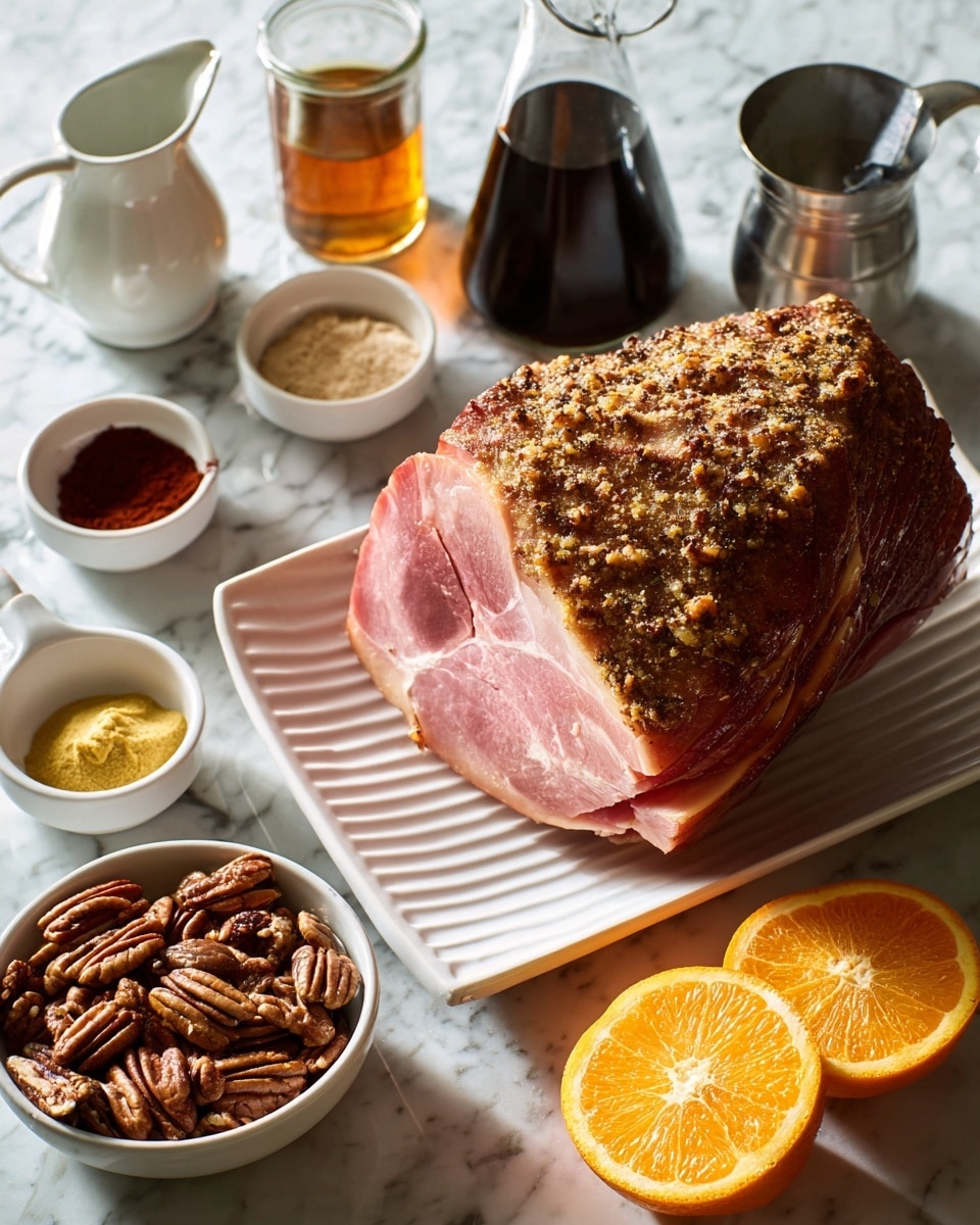 A large piece of cooked ham with a browned and textured outer layer and a pink inner layer sits on a white rectangular plate with soft ridged edges, placed on a white marbled surface. Nearby, a white bowl is filled with whole pecans showing their rough, brown, and wrinkled texture. Two bright orange halves with visible juicy segments and a whole orange with smooth skin rest nearby. There is a clear glass bottle filled with a dark liquid, a small silver pitcher with the same dark liquid inside, a white cup filled with a loose light brown powder, a small white cup containing a dark red powder, and a small glass jar with smooth yellow mustard, all arranged casually around the ham and nuts. Photo taken with an iphone --ar 4:5 --v 7