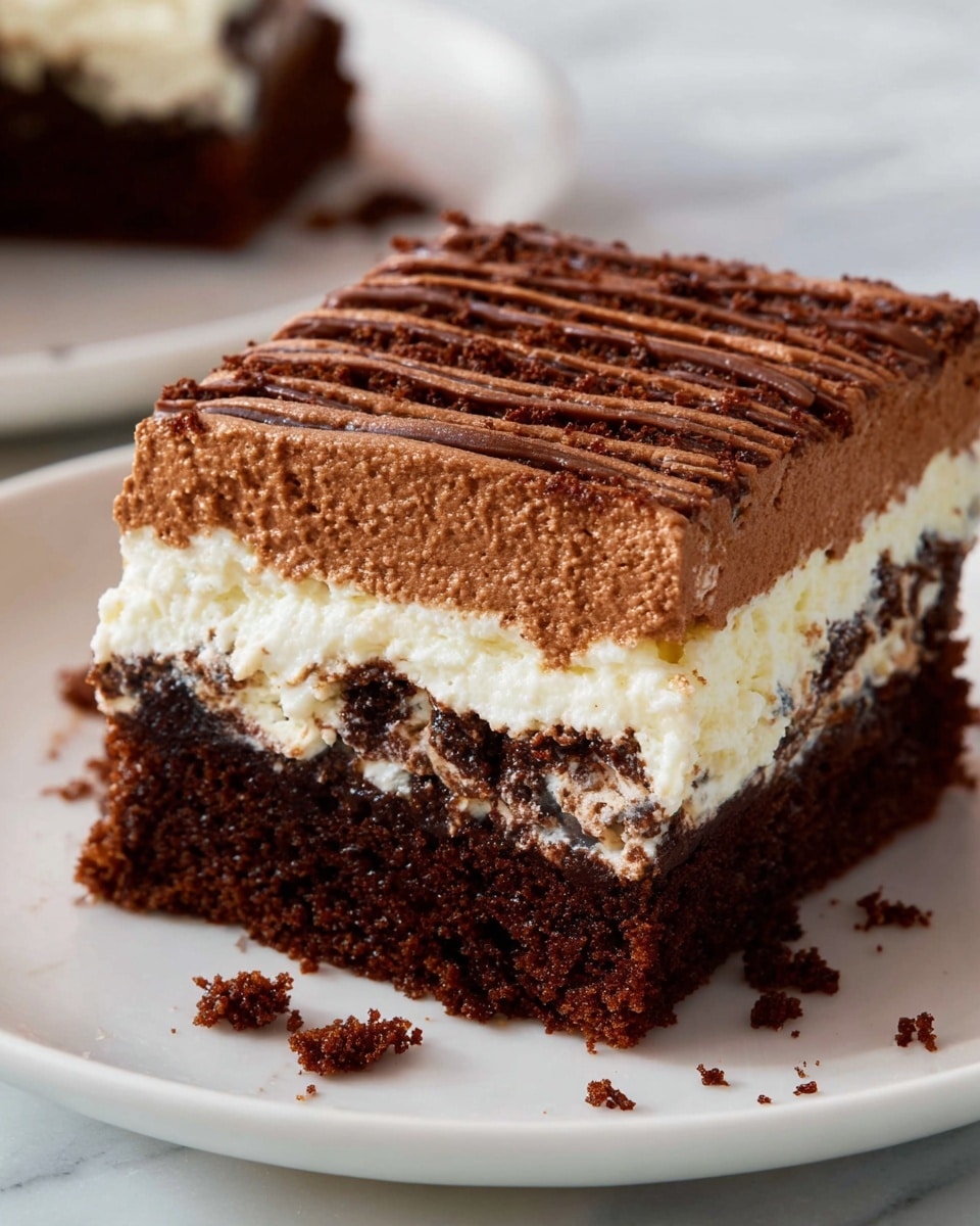 A dessert in a white rectangular baking dish shows three layers: the bottom layer is dark brown chocolate cake with a soft texture, the middle layer is a thick white creamy filling, and the top layer is a smooth chocolate frosting with vertical ridges running across it. One piece is missing from the front corner, revealing the inside layers and some crumbs scattered on the white marbled surface beneath the dish. Photo taken with an iphone --ar 4:5 --v 7