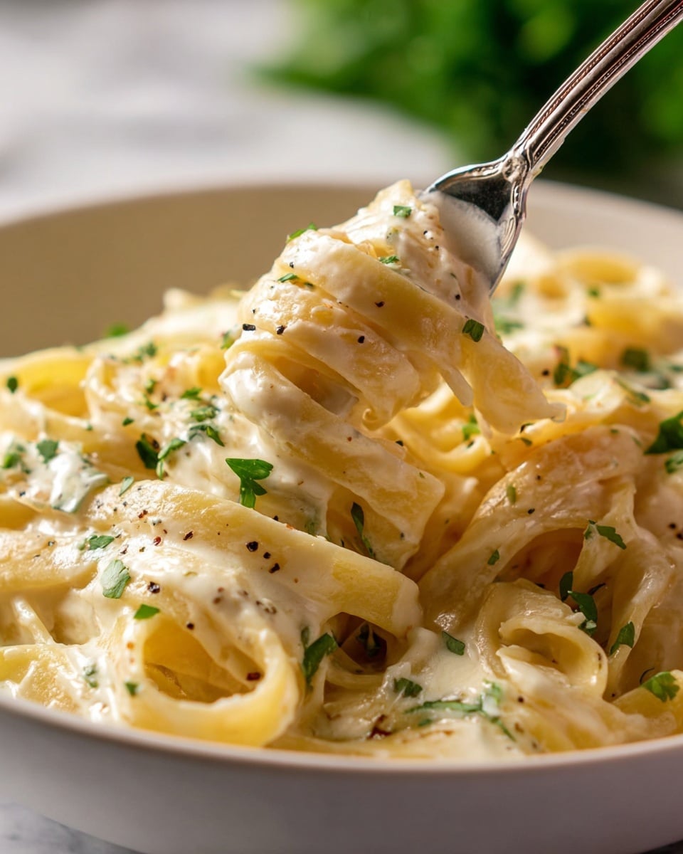 A close-up view of creamy fettuccine pasta in a thick light yellow sauce with black pepper specks, showing wide, flat pasta noodles coated evenly and tangled gently. The pasta and sauce sit on a white plate with a black patterned rim, partly covered by a black spoon scooping some pasta. The smooth sauce looks rich and glossy, with a soft texture surrounding each strand. The dish rests on a white marbled surface. photo taken with an iphone --ar 4:5 --v 7