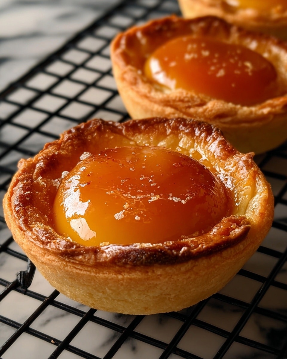 A white tray holds five round tarts, each made of flaky golden-brown pastry forming a thick crust around a glossy, amber-colored filling that looks smooth and shiny. The filling is dome-shaped, rising slightly above the crust, with some tarts having a deeper gloss finish. The tarts sit closely together, and the background surface has a white marbled texture. photo taken with an iphone --ar 4:5 --v 7