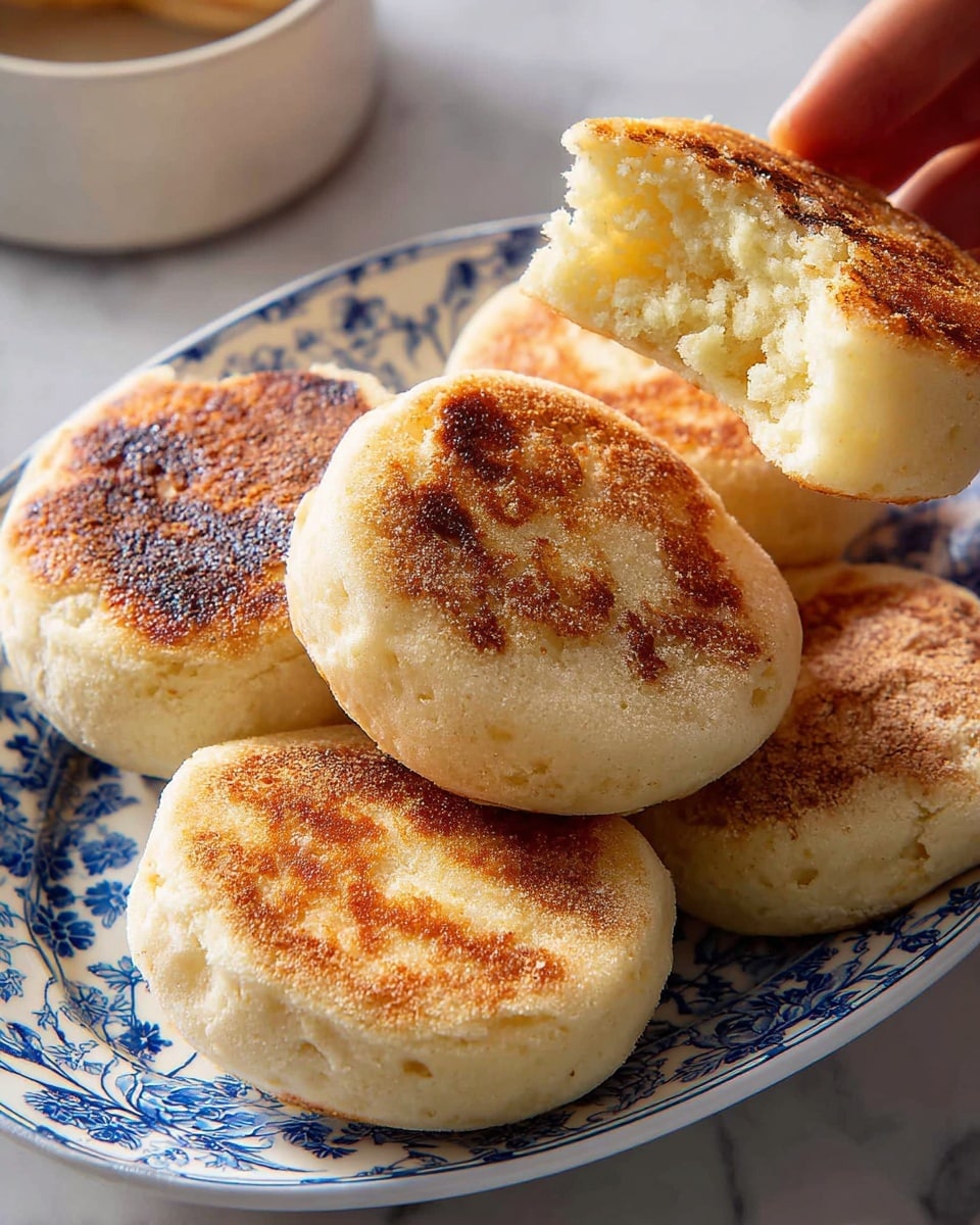 A toasted English muffin is split in half and stacked on a white plate with blue floral patterns; the bottom half shows a golden, slightly crispy texture with a thick square of melting butter, and the top half leans against it, showing a browned crust. In the background, there is a stack of similar muffins on another white and blue plate, and to the side, a matching cup filled with dark coffee sits on its saucer. The scene is set on a white marbled surface with a soft pink cloth partially visible under the plate photo taken with an iphone --ar 4:5 --v 7