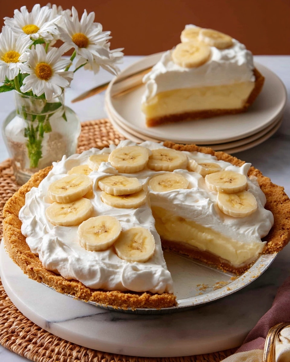 The image shows a banana cream pie with three clear layers, placed on a white plate on a white marbled surface. The bottom layer is a golden brown, crimped pie crust that is thick and firm. The middle layer is a smooth, creamy pale yellow banana filling, thick and dense. The top layer is a fluffy white whipped cream spread unevenly over the pie, adorned with round banana slices placed evenly on top. One slice is cut from the pie and placed on a separate white plate in the background, showing the layers clearly. The setting includes a woven mat under the main plate and a small vase with white daisies on the side. Photo taken with an iphone --ar 4:5 --v 7