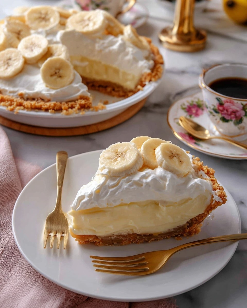 A slice of banana cream pie on a white plate shows three layers: a golden crispy crust at the bottom, a thick creamy pale yellow custard filling in the middle, and a fluffy white whipped cream topping. The top layer is decorated with round banana slices that add a soft yellow contrast. Behind the slice, there is the rest of the pie in a white dish with the same thick layers, also topped with whipped cream and banana slices. The scene is set on a white marbled surface with a gold fork and a cup of coffee in a floral cup and saucer nearby. photo taken with an iphone --ar 4:5 --v 7