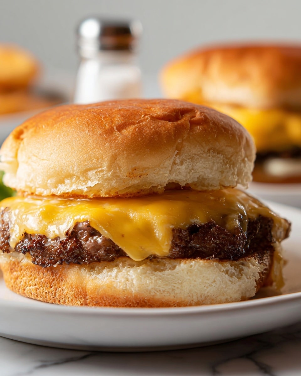 The image shows a close-up of a cheeseburger on a white plate with a white marbled texture surface. It has three main layers: a soft light brown top bun that looks slightly shiny and wrinkled, a bright yellow slice of melted cheddar cheese draped over a thick, juicy dark brown beef patty with a textured surface, and a soft light brown bottom bun that appears fluffy and slightly toasted. In the background, there is another blurred cheeseburger and a small glass salt shaker. The whole image has a clean, simple, and appetizing look. photo taken with an iphone --ar 4:5 --v 7