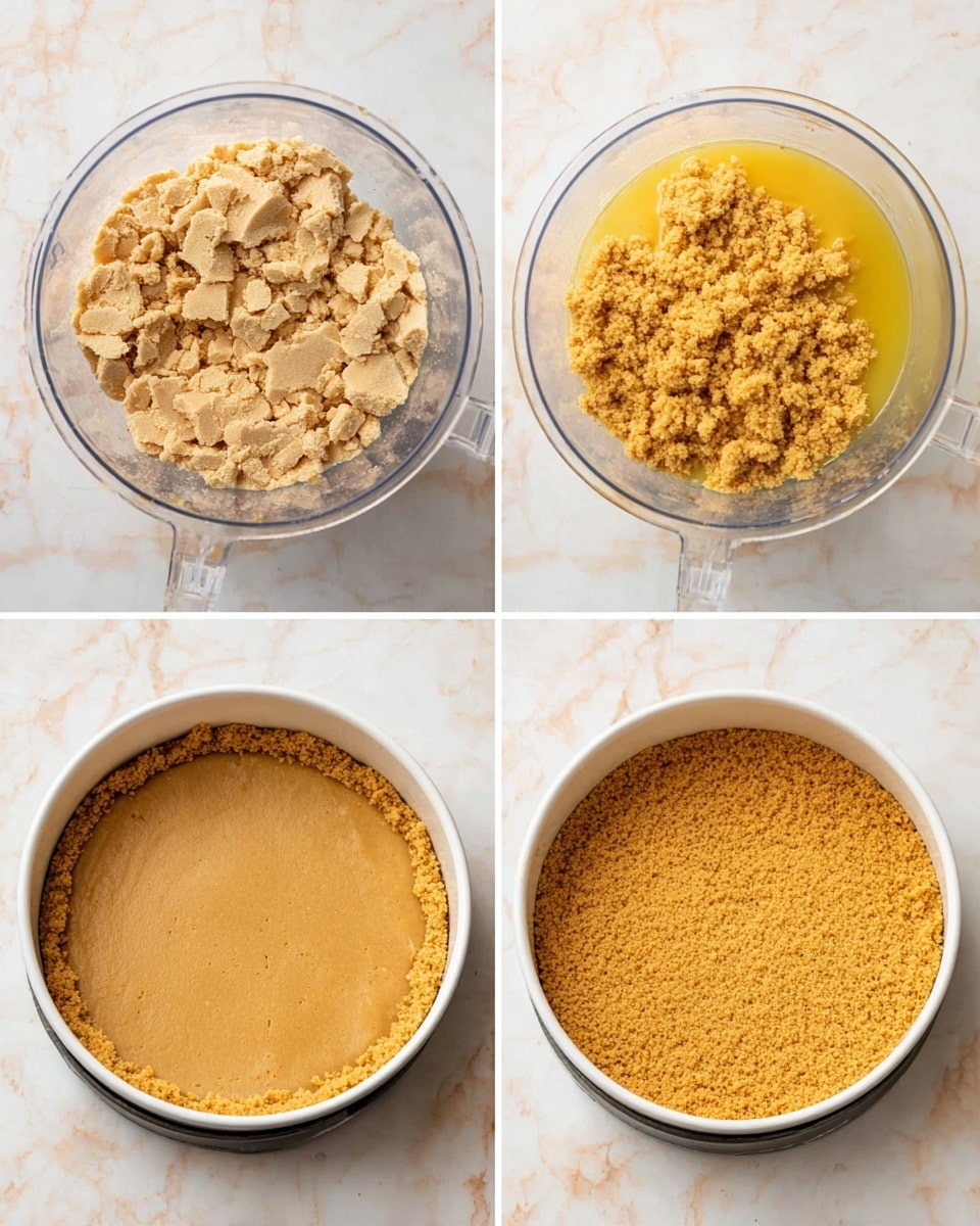 The images show a step-by-step making of a dessert crust. The first layer is pale beige broken cookie pieces sitting loosely in a clear blender. The second layer adds a shiny, light yellow liquid over the cookie pieces. The third layer shows the mixture turned into a smooth, thick, even dough with a uniform light brown color. The fourth layer has the dough placed roughly into a white round baking pan. The final image shows the dough evenly pressed into the pan, forming a flat, smooth, solid golden-brown crust with crumbly texture on a white marbled surface. photo taken with an iphone --ar 4:5 --v 7