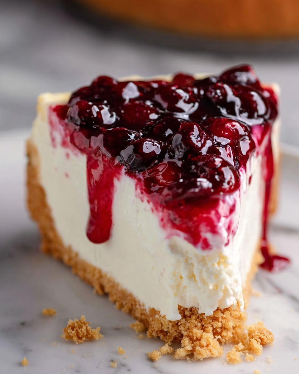 A single slice of cheesecake is shown on a white marbled surface, featuring three main layers. The bottom layer is a light brown crumbly crust with a rough texture. Above that is a thick, creamy white layer of cheesecake with a smooth and dense texture. The top layer is a shiny, deep red berry topping with visible whole berries covered in a glossy jelly-like sauce that drips slightly over the side. The edges of the cheesecake are clean but soft, with a few crumbs scattered on the surface. Photo taken with an iphone --ar 4:5 --v 7