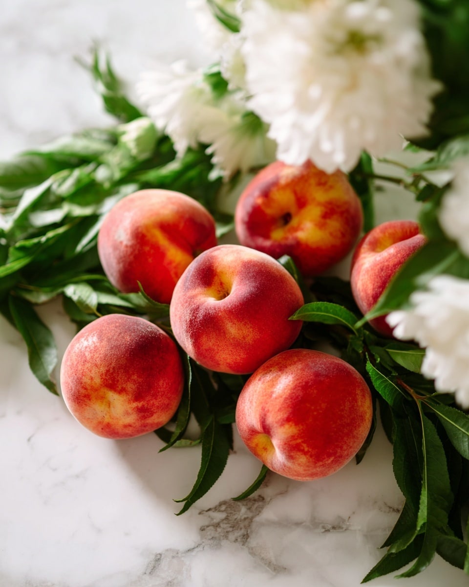 The image shows a creamy peach tart with a golden crust. The tart has one big smooth layer of peach filling that looks soft and shiny. On the top edge, there are thin slices of orange peach arranged in two small piles on the left and right sides. Around these peach slices, there are a few blueberries, white flower petals, and small white dollops of cream placed in a decorative way. The crust is light brown and thick with a fluted edge. Near the tart, on the white marbled surface, there is a white plate with a piece of the tart and a silver spoon resting on it. The piece of tart has the same creamy peach filling with a dollop of cream on top. The background is soft and clean with white cloth draped to the side. photo taken with an iphone --ar 4:5 --v 7