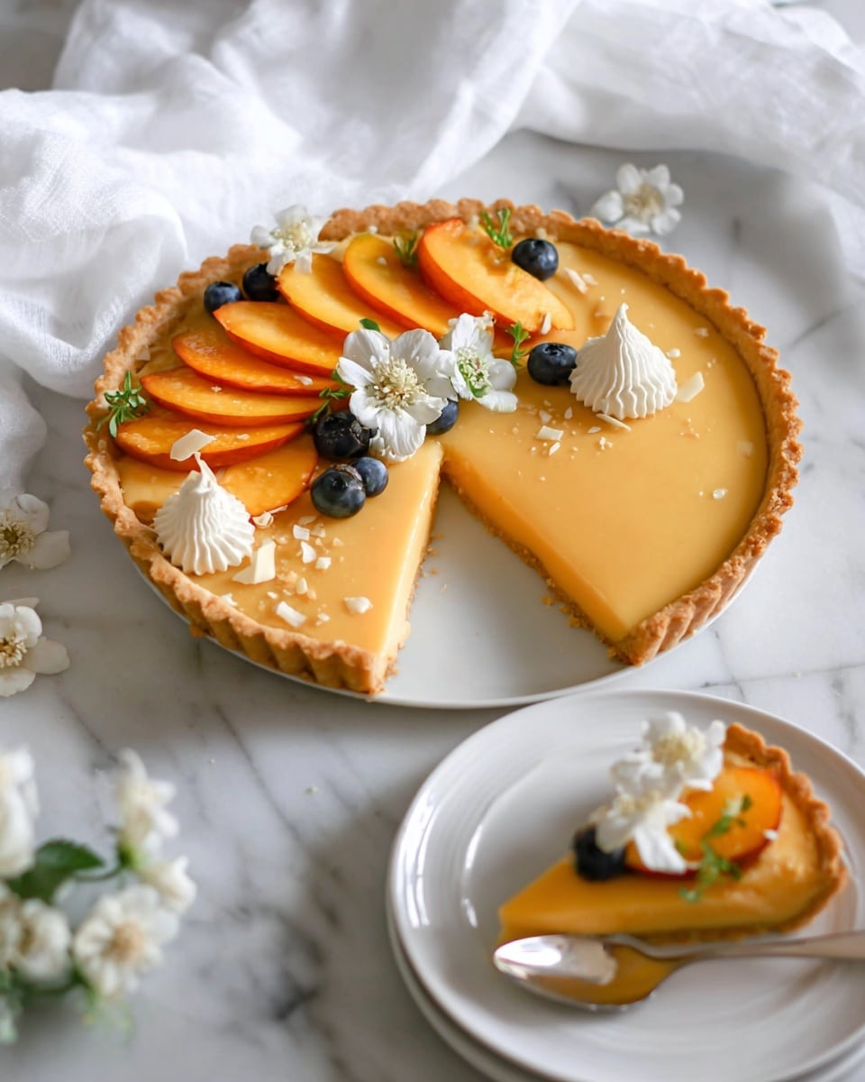 A round tart with one thick, crumbly light brown crust layer holds a smooth, shiny light yellow filling. On the top right half of the tart, there are three groups of thin peach slices arranged in curved rows. Scattered around the peaches are several small blueberries, white almond slices, small white star-shaped meringues, and light purple flower petals. Two large white flowers sit on the top right edge of the tart. The tart rests on a white marbled surface with a white cloth partially visible on the bottom left. Photo taken with an iphone --ar 4:5 --v 7
