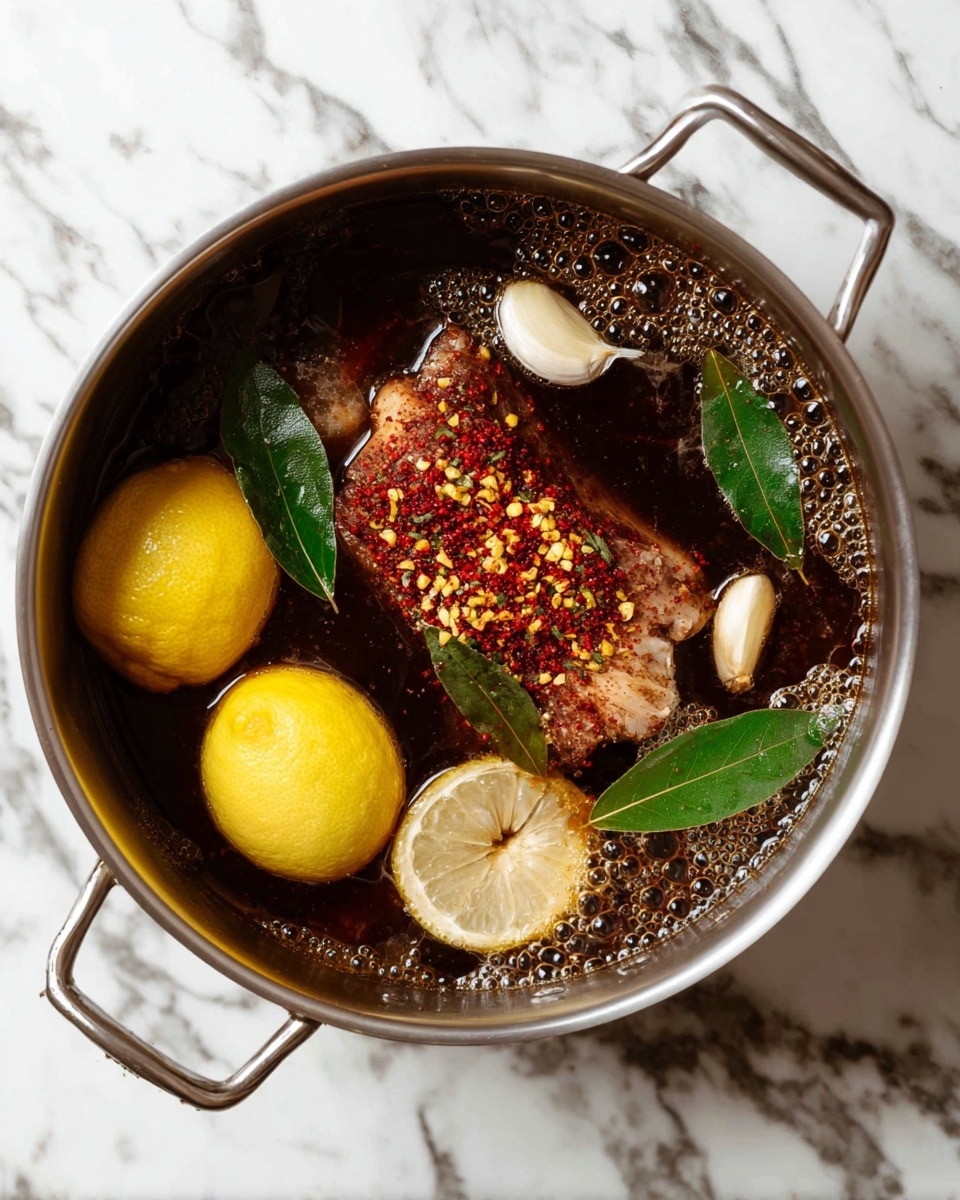 A silver pot filled with dark brown liquid with bubbles on top holds a spiced piece of meat covered in red and yellow seeds and flakes in the middle. Around it are three bright yellow lemons, a quarter lemon slice, two whole garlic heads with a creamy white color, and two green bay leaves partially submerged. The pot rests on a white marbled surface. Photo taken with an iphone --ar 4:5 --v 7