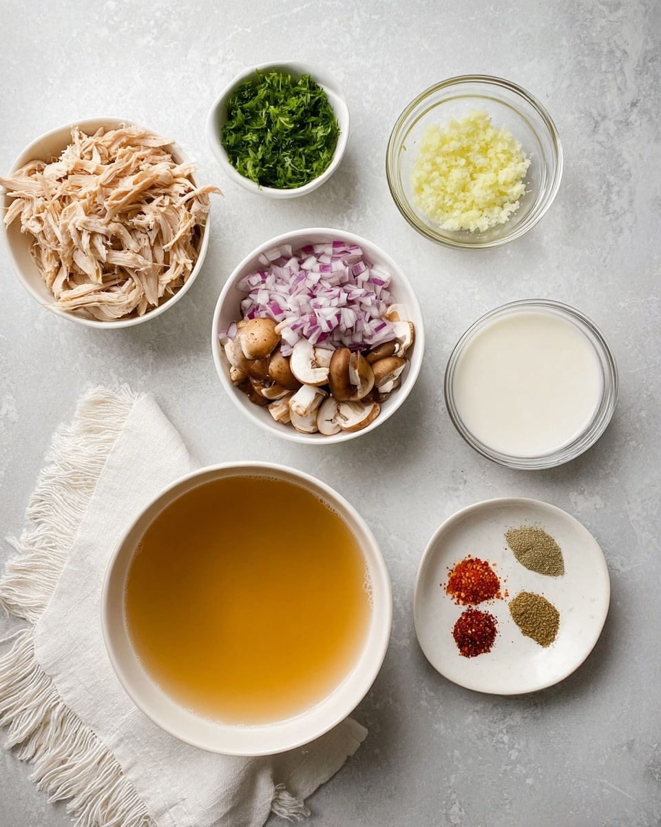 A white bowl filled with creamy soup showing a light yellowish color, mixed with pieces of shredded light beige chicken and dark brown mushroom slices. Small green parsley leaves are sprinkled on top, giving a fresh touch. A silver spoon rests inside the bowl on the left side. The bowl sits on a white marbled surface, with some fresh parsley on a small plate and wooden board nearby. Part of another bowl with the same soup is visible on the top right. Photo taken with an iphone --ar 4:5 --v 7