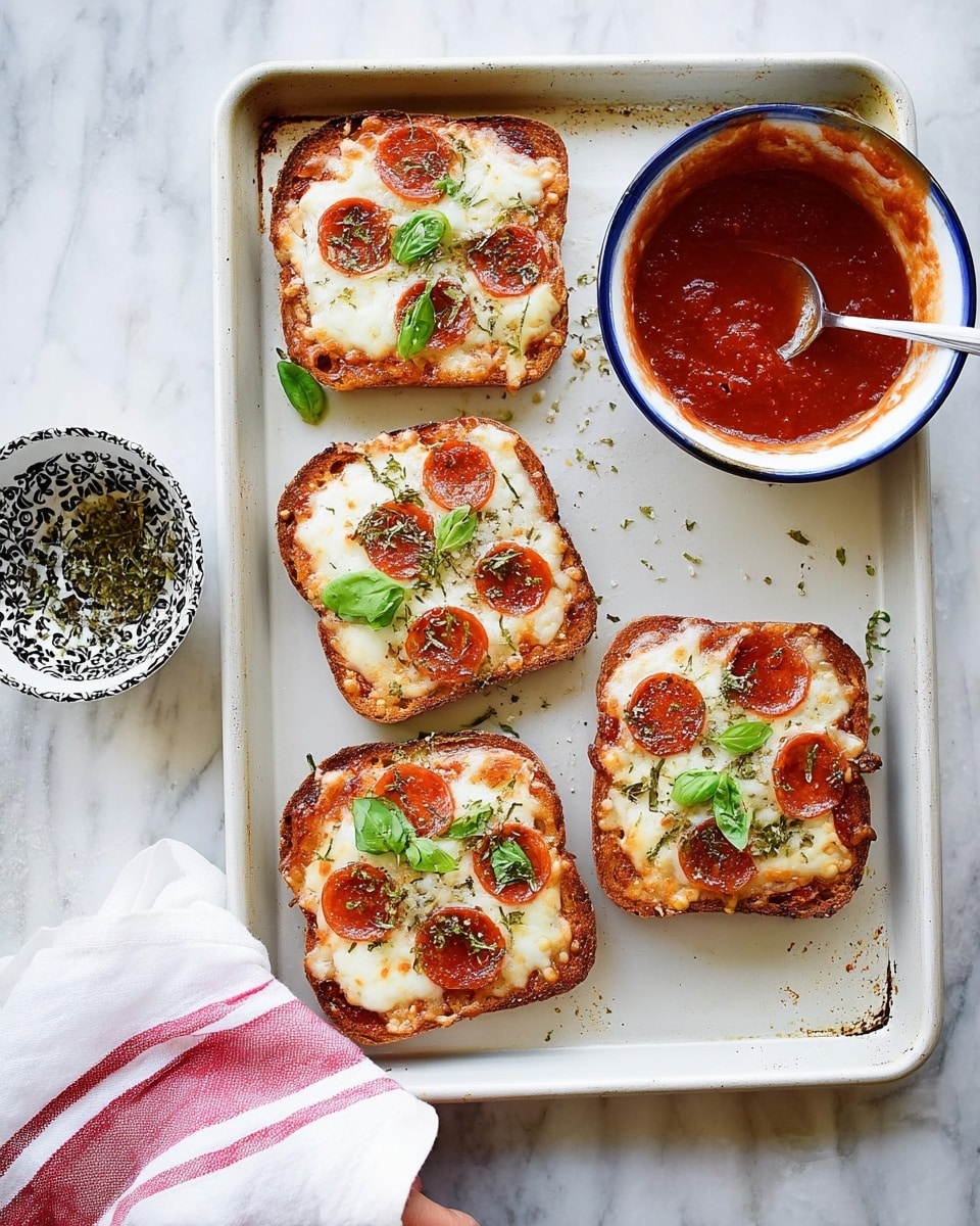 The image shows several square slices of toast pizza placed on a white marbled surface. Each toast slice has a crispy dark brown crust and is topped with a layer of bright red tomato sauce, melted white mozzarella cheese that is bubbly and slightly browned at the edges, and thin, round slices of pepperoni which are darker red with a slightly oily texture. Green basil leaves and dried herbs are scattered on top for garnish, adding a fresh touch. Some slices are whole, while others are cut into two triangular pieces. The toasts are positioned irregularly, with some pepperoni slices overlapping the cheese and basil. There are small burnt spots and crumbs on the white marbled surface around the toasts. photo taken with an iphone --ar 4:5 --v 7