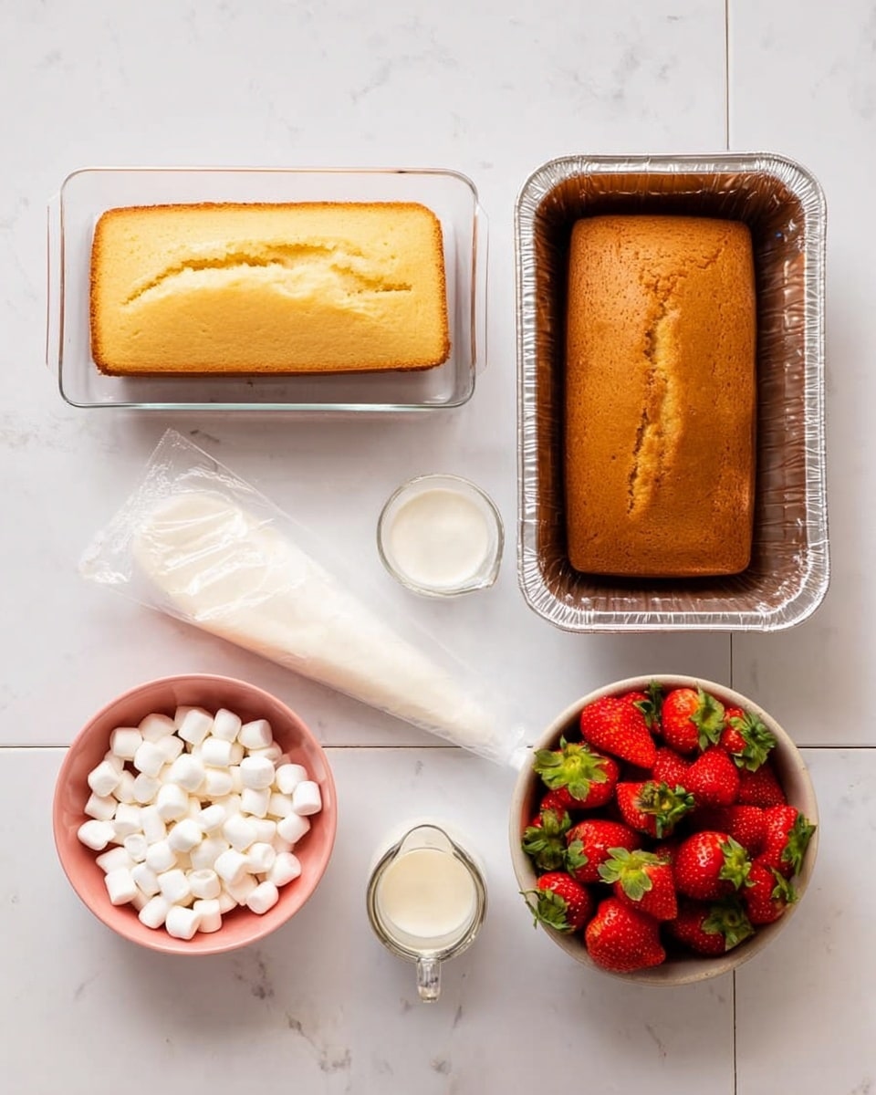 A skewer held by a woman's hand has five layers, starting with a bright red strawberry at the bottom, followed by fluffy white bread, another strawberry layer, more white bread, and finishing with a top strawberry. Each layer is drizzled with smooth white cream in thin, wavy lines that wrap around the skewer. In the background, there are more similar skewers lying on a clear textured round plate, all on a white marbled surface with a blurred light gray wall behind. Photo taken with an iphone --ar 4:5 --v 7