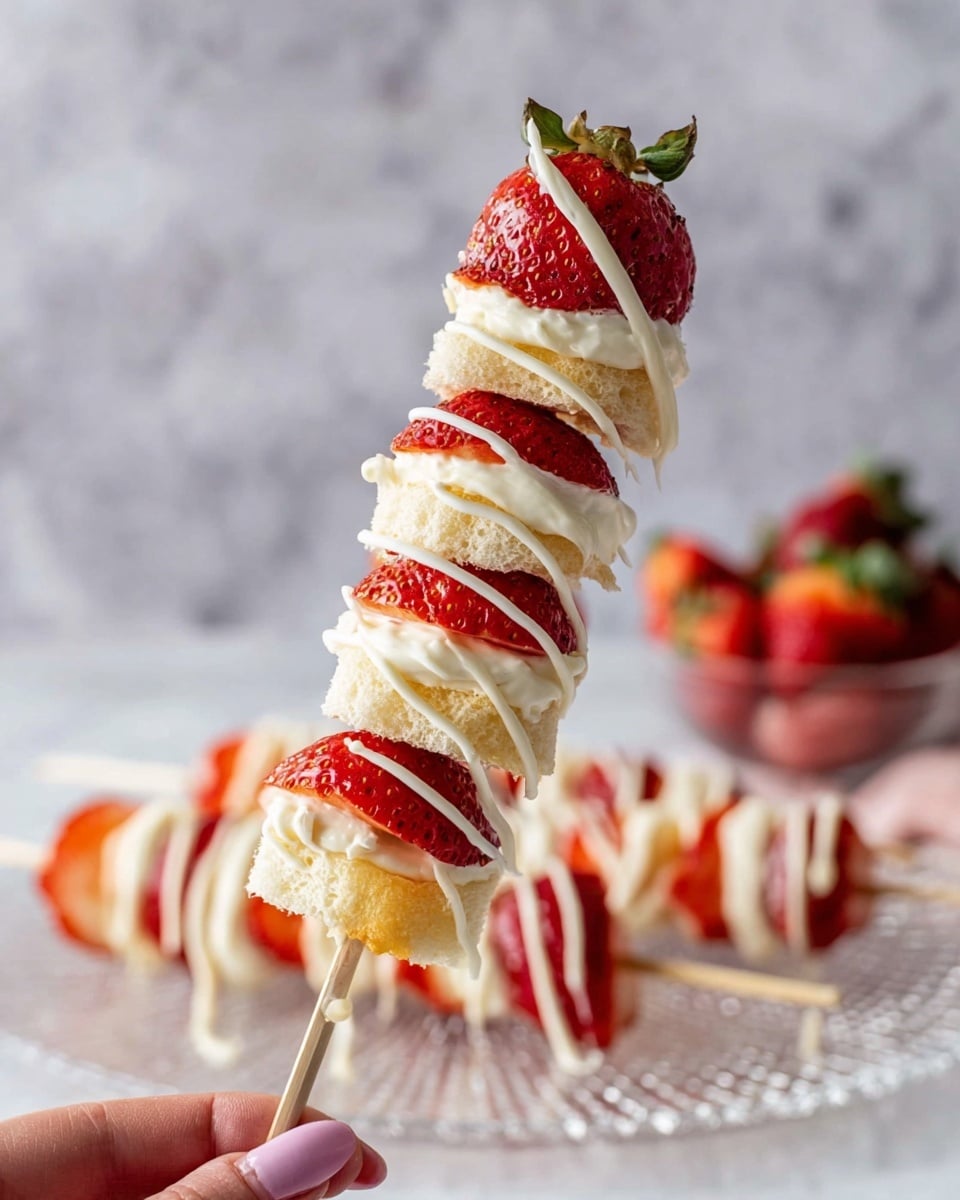 The image shows a white square plate holding several dessert skewers. Each skewer has three layers, starting with bright red strawberries, followed by a white, soft-looking cake layer, then more strawberries and cake alternating. The skewers are drizzled with white chocolate, adding a glossy texture and contrast. In the background, there is a clear plate with more skewers resting on it, featuring the same strawberry and cake arrangement but without the drizzle. The scene is set on a white marbled surface with a soft pink cloth underneath the plate, and blurred glasses with a yellow drink and straws are visible in the upper right. photo taken with an iphone --ar 4:5 --v 7