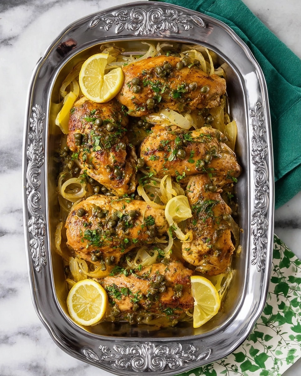 The image shows a metal tray with five cooked pieces of golden-brown chicken on top of a layer of sliced yellow lemons and cooked onion strips. The chicken pieces are garnished with small green herbs and capers scattered evenly over the top. Three small lemon wedges are tucked at the edges between the chicken pieces, adding bright yellow highlights to the dish. The tray has an ornate silver border with carved floral designs, and it rests on a white marbled surface with subtle gray veins, with a green cloth with white leaves partially visible at the bottom corner. Photo taken with an iphone --ar 4:5 --v 7
