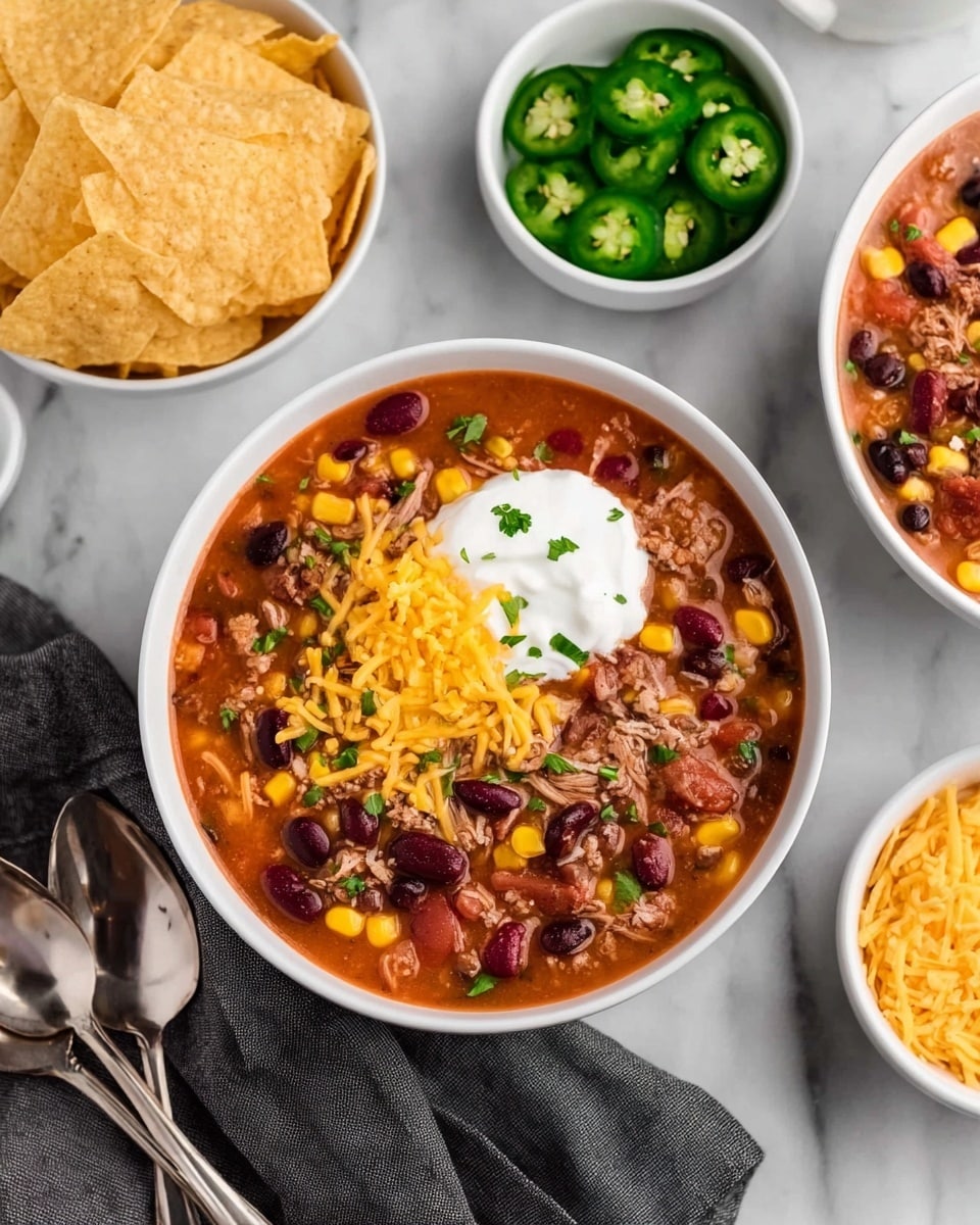 A white bowl filled with a colorful chili soup layered with yellow corn, red kidney beans, black beans, tender shredded meat, and bits of red tomato in a brown broth, topped with melted shredded yellow cheese, a dollop of white sour cream, and two green jalapeño slices placed on top. In the background, there are two white bowls, one with light brown tortilla chips and the other with green jalapeño slices, all set on a white marbled surface with two light gold spoons nearby and a dark gray cloth under the chili bowl. Photo taken with an iphone --ar 4:5 --v 7