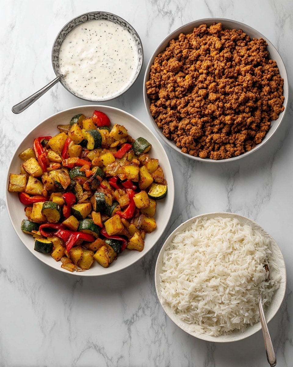 The image shows four dishes on a white marbled surface: a large white plate filled with roasted mixed vegetables, including golden-brown potato pieces, red bell peppers, and green zucchini, all diced and roasted to a crisp look; another large white plate contains cooked ground meat with a rich brown color and slightly crumbly texture; a small bowl of white rice with fluffy grains filling the bowl evenly; and a small bowl of creamy white sauce with small specks of seasoning, with a spoon resting inside. All dishes are placed separately and viewed from above, with clear details of color and texture. photo taken with an iphone --ar 4:5 --v 7