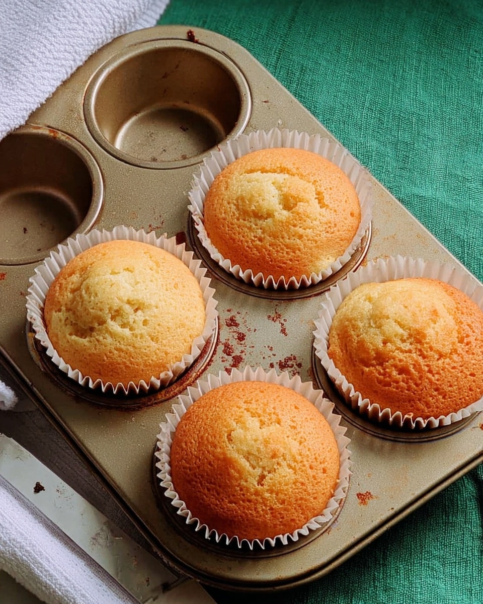 A black metal muffin tray holds six golden-brown muffins, each rising slightly above the tray cups with a textured, slightly crispy surface. The muffins sit in colorful paper liners—green, purple, and white—adding small pops of color below the warm golden tops. The tray rests on a folded fabric with a pattern of blue, light blue, and olive green circles and squares, placed on a smooth white marbled surface. In the soft-focused background, a black and white container adds a modern touch. Photo taken with an iphone --ar 4:5 --v 7