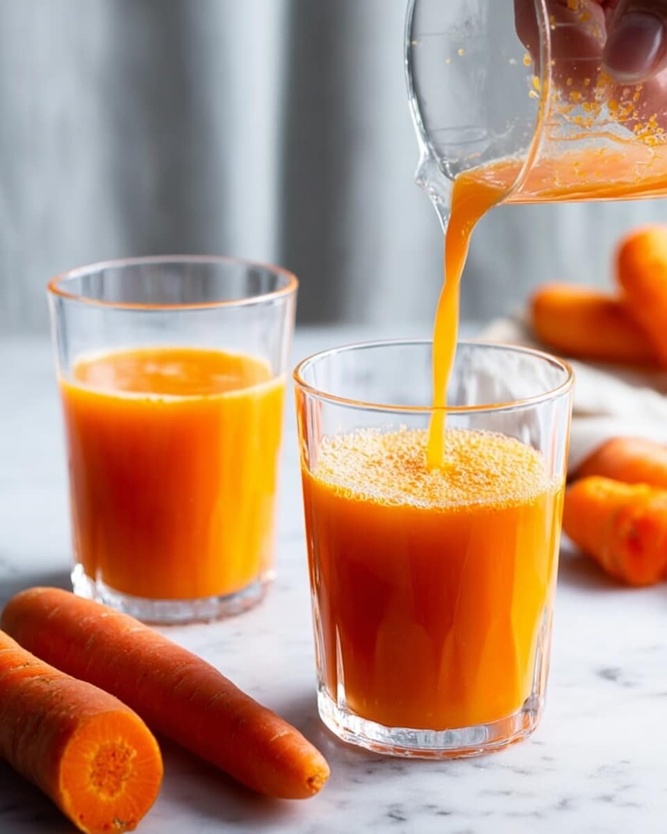 The image shows two clear textured glasses on a white cloth over a wooden surface with a white marbled background. One glass is half full with bright orange juice, while the other is being filled with the same juice poured from a clear pitcher. To the right, there are two whole fresh carrots and two orange citrus fruits, one partially peeled. A silver knife lies near the carrots. The scene is bright and clean. photo taken with an iphone --ar 4:5 --v 7