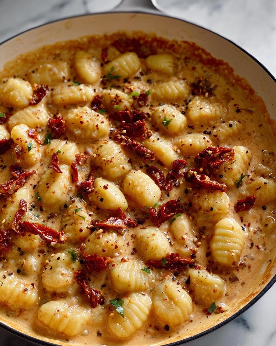 The image shows a close-up of soft, pale yellow gnocchi with a slightly ridged texture mixed in a creamy, light brown sauce. Scattered throughout the sauce are small pieces of dark reddish-brown sun-dried tomatoes and tiny black specks of seasoning, adding texture and color contrast. The gnocchi and sauce fill a shallow white enameled pan with a smooth rim. The surface beneath is a white marbled texture. photo taken with an iphone --ar 4:5 --v 7